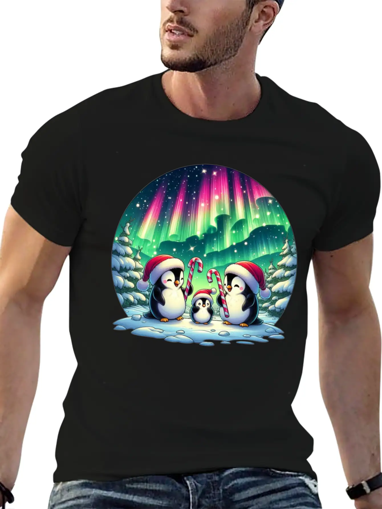 Penguin Family Christmas Under The Aurora Casual Graphic T-Shirt – Simple And Comfortable Daily Wear