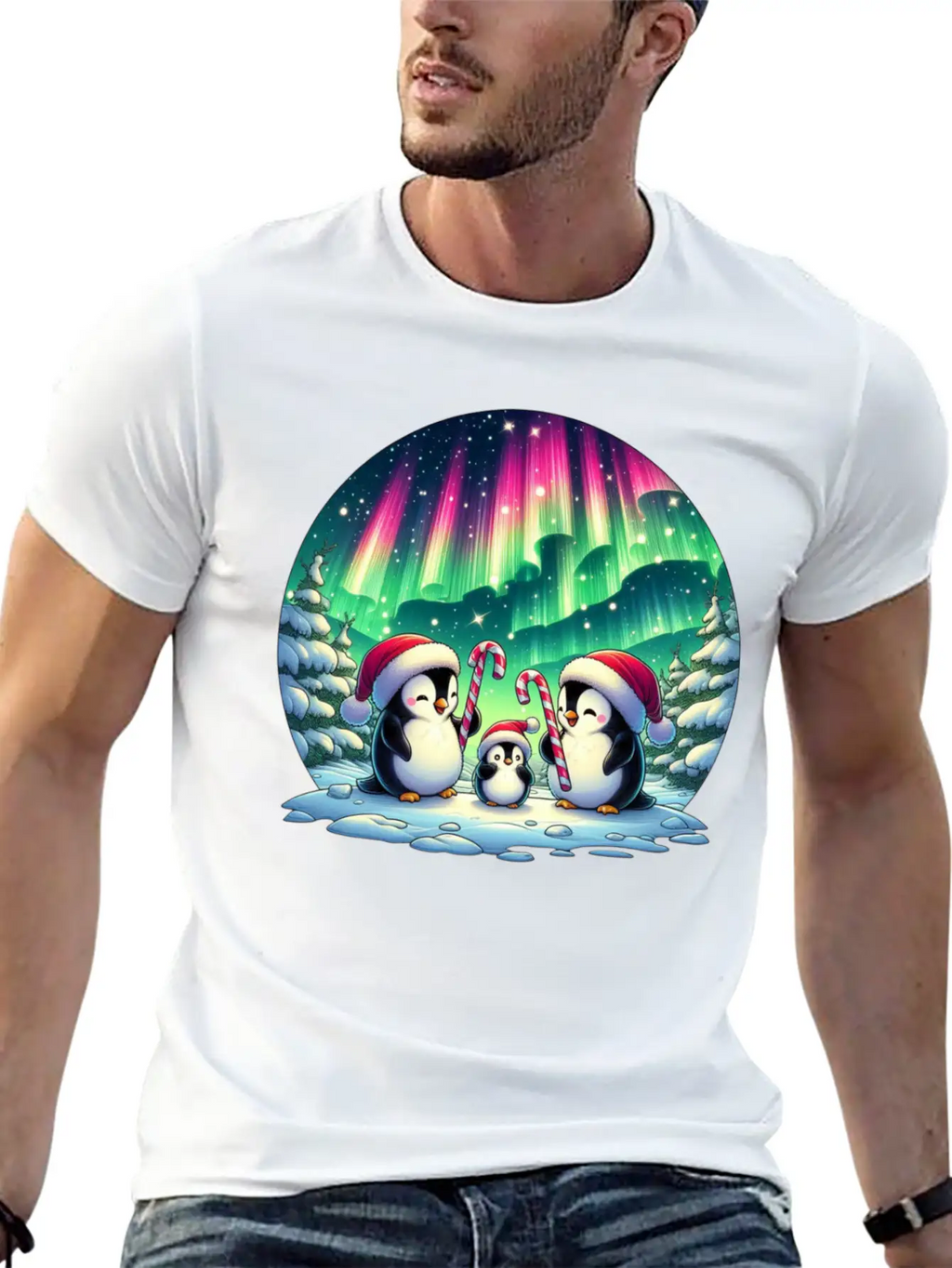 Penguin Family Christmas Under The Aurora Casual Graphic T-Shirt – Simple And Comfortable Daily Wear
