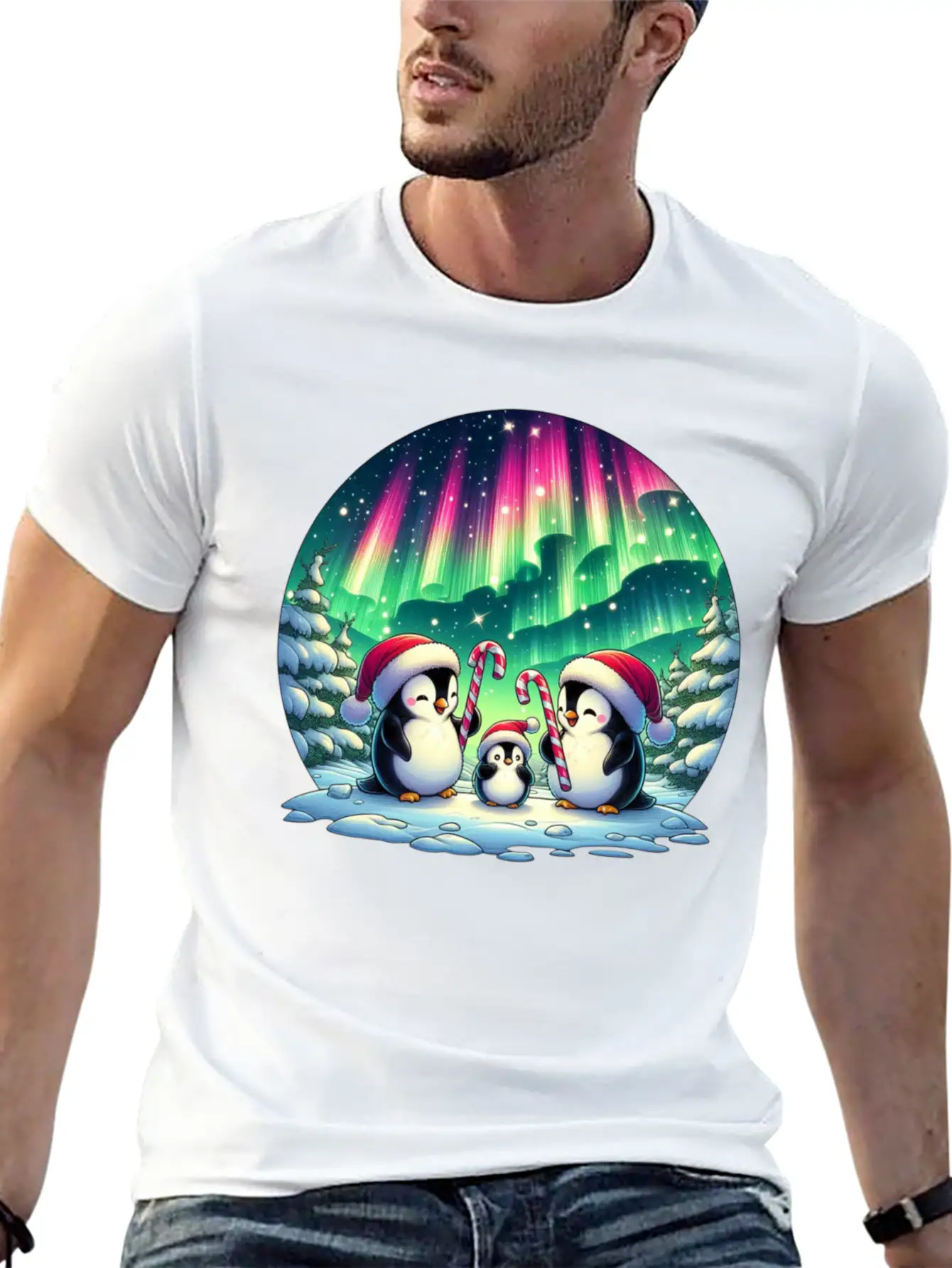 Penguin Family Christmas Under The Aurora Casual Graphic T-Shirt – Simple And Comfortable Daily Wear