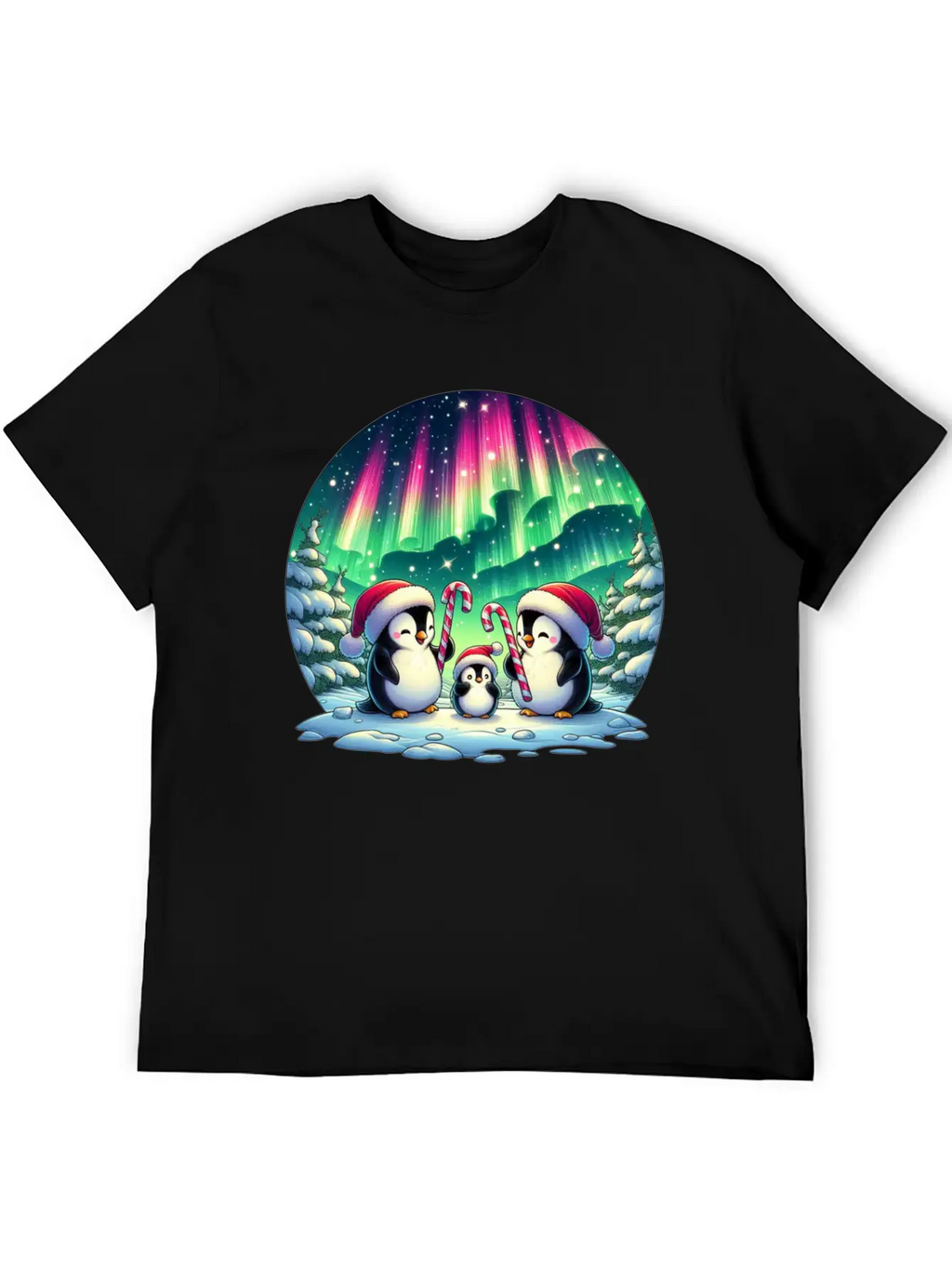 Penguin Family Christmas Under The Aurora Casual Graphic T-Shirt – Simple And Comfortable Daily Wear