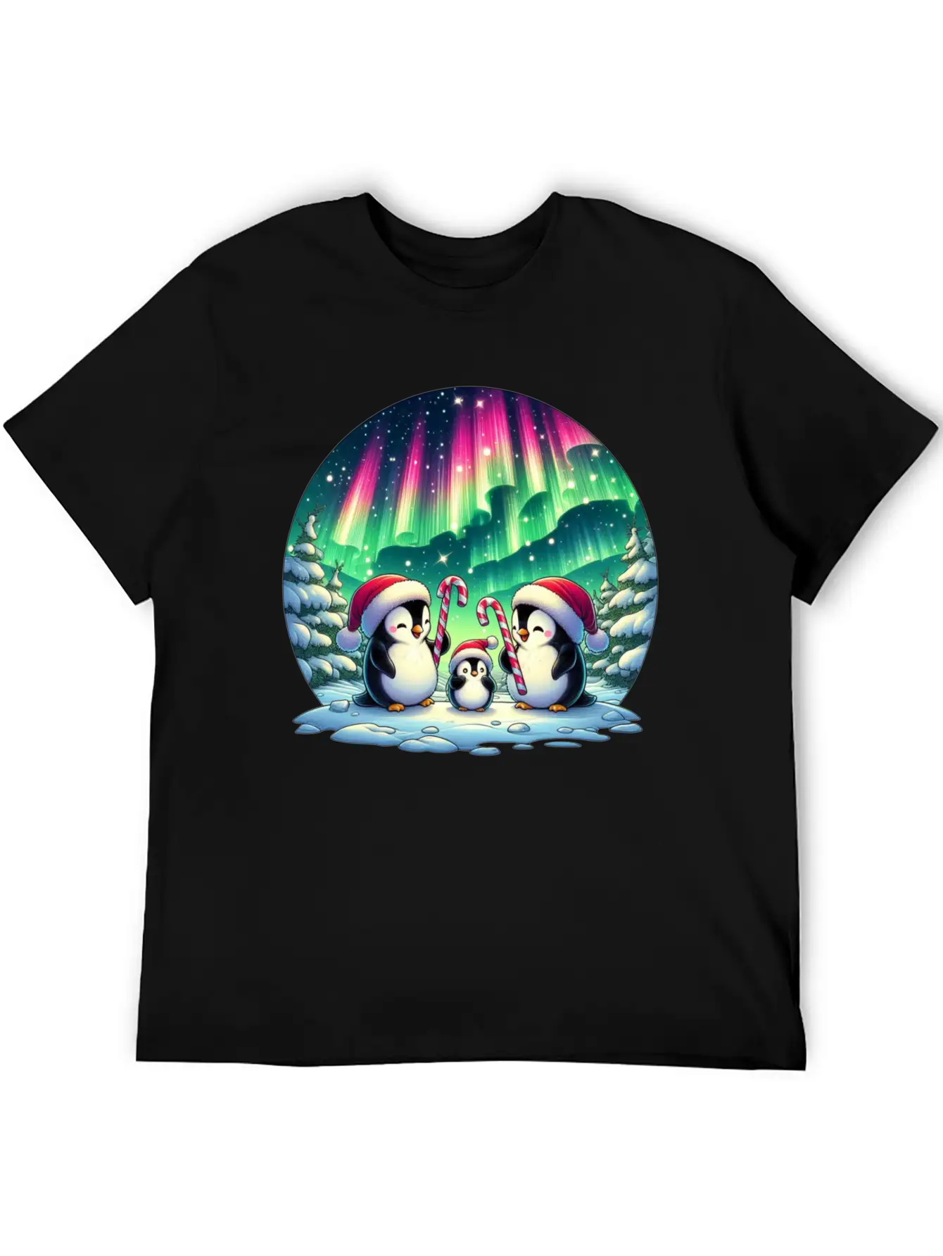Penguin Family Christmas Under The Aurora Casual Graphic T-Shirt – Simple And Comfortable Daily Wear