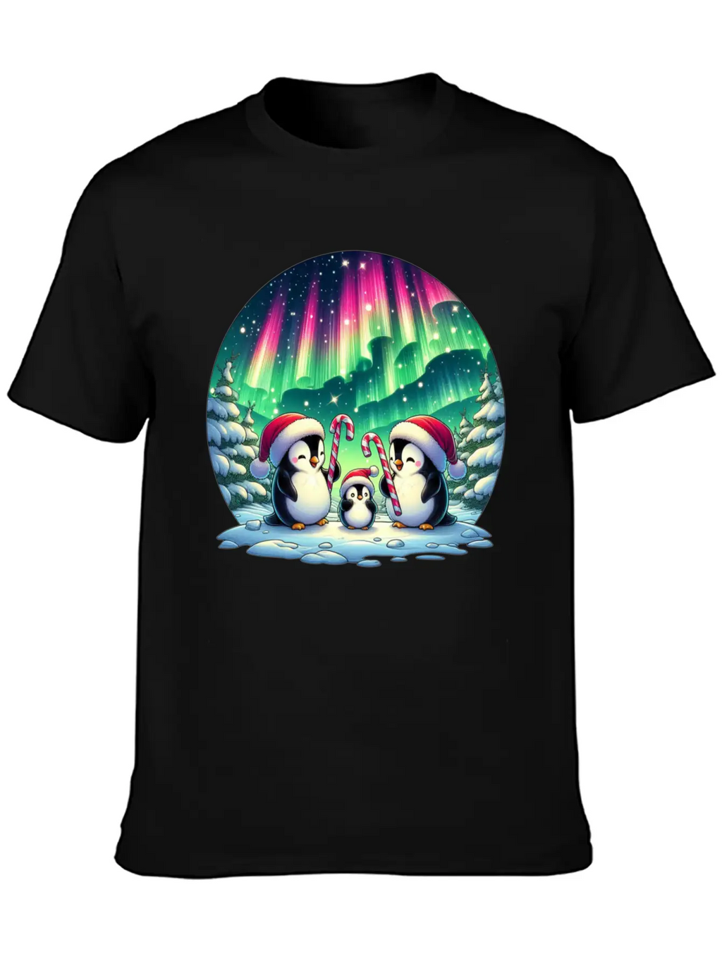 Penguin Family Christmas Under The Aurora Casual Graphic T-Shirt – Simple And Comfortable Daily Wear