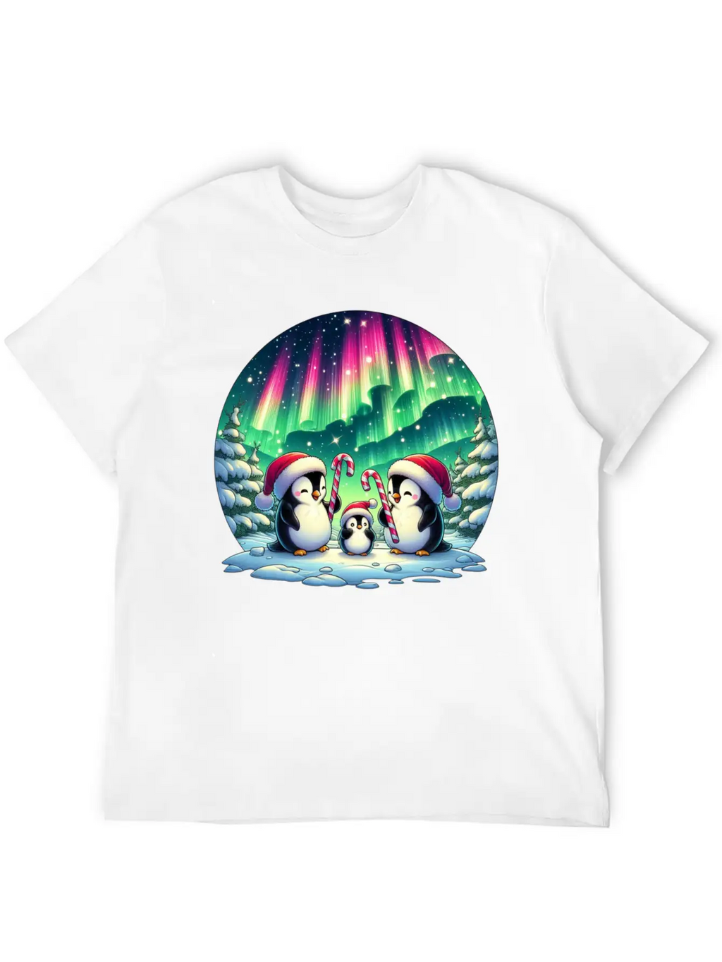 Penguin Family Christmas Under The Aurora Casual Graphic T-Shirt – Simple And Comfortable Daily Wear