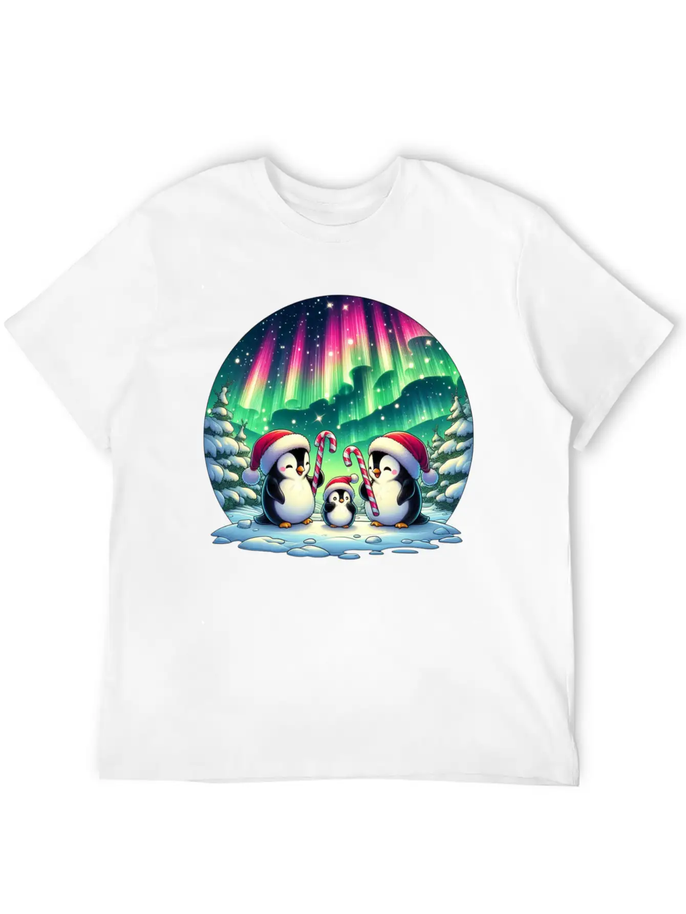 Penguin Family Christmas Under The Aurora Casual Graphic T-Shirt – Simple And Comfortable Daily Wear