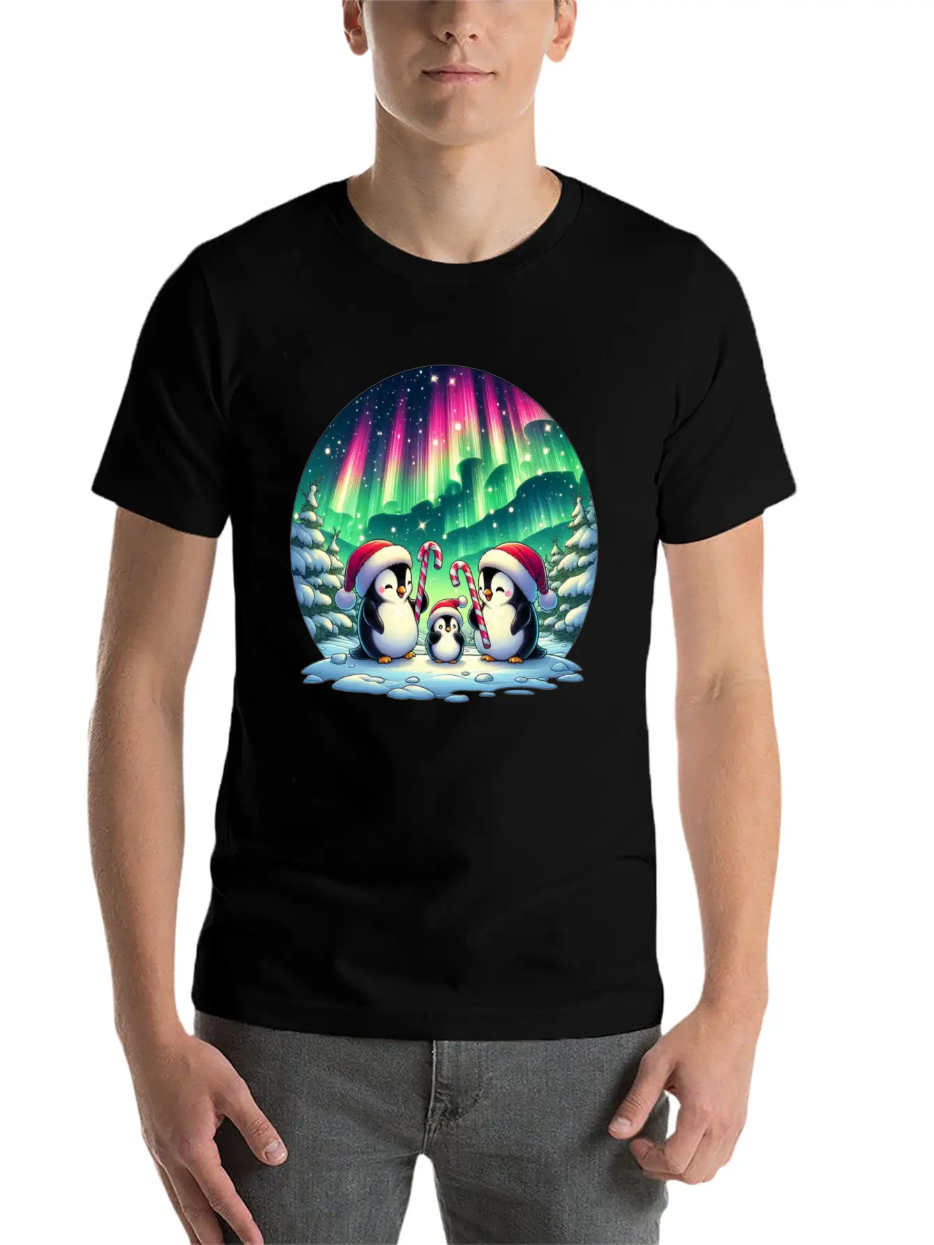 Penguin Family Christmas Under The Aurora Casual Graphic T-Shirt – Simple And Comfortable Daily Wear