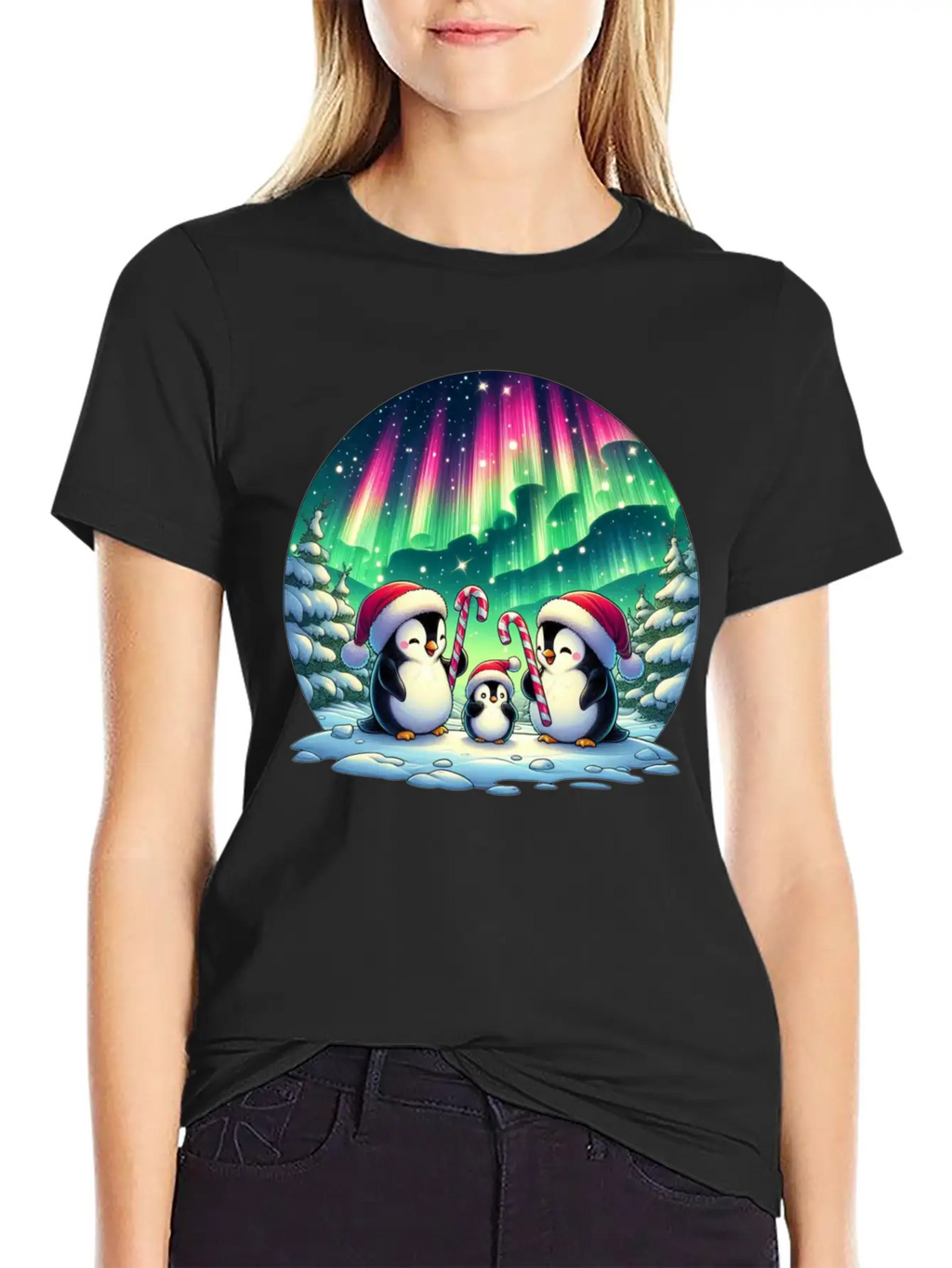 Penguin Family Christmas Under The Aurora Casual Graphic T-Shirt – Simple And Comfortable Daily Wear
