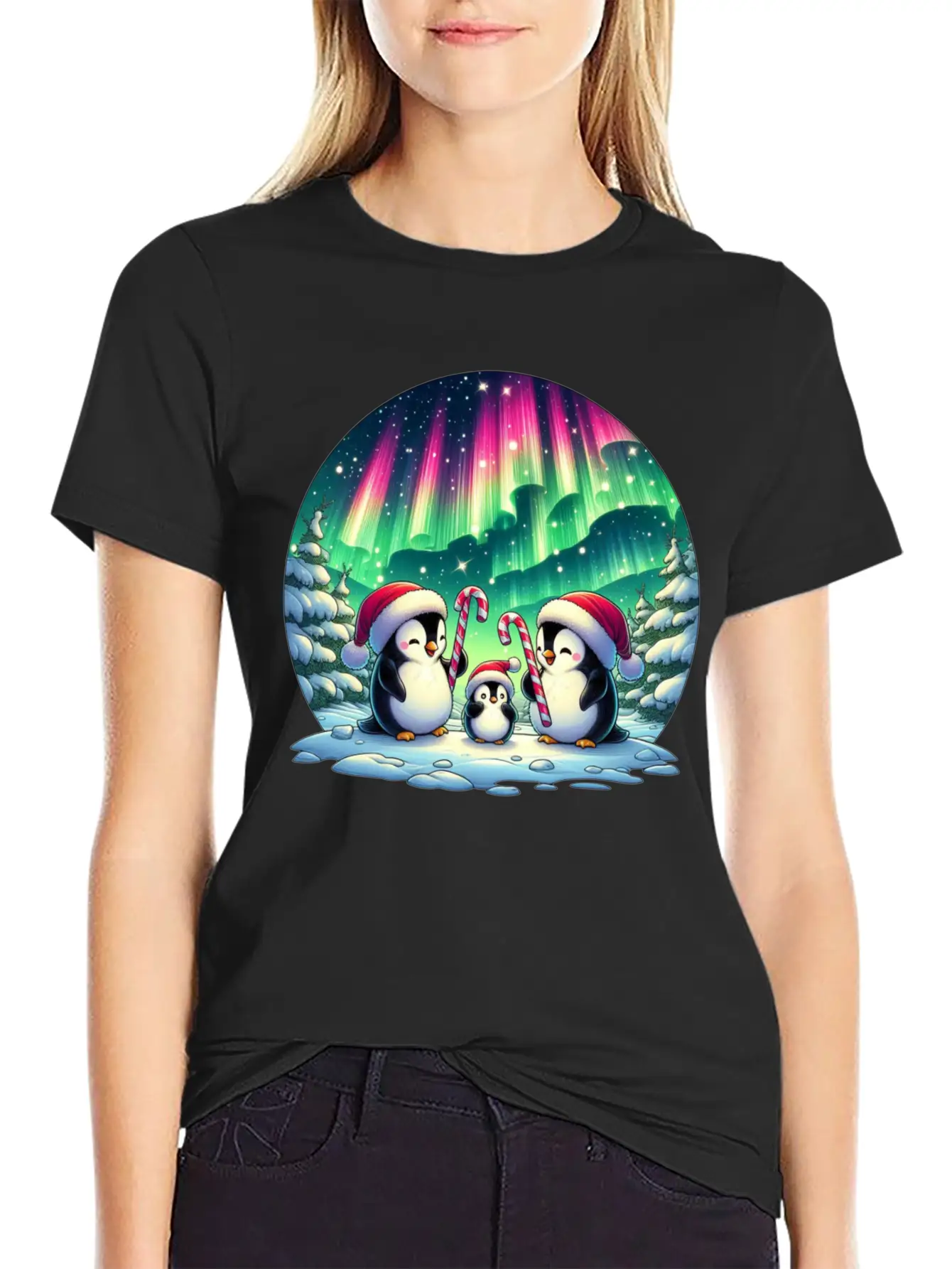 Penguin Family Christmas Under The Aurora Casual Graphic T-Shirt – Simple And Comfortable Daily Wear