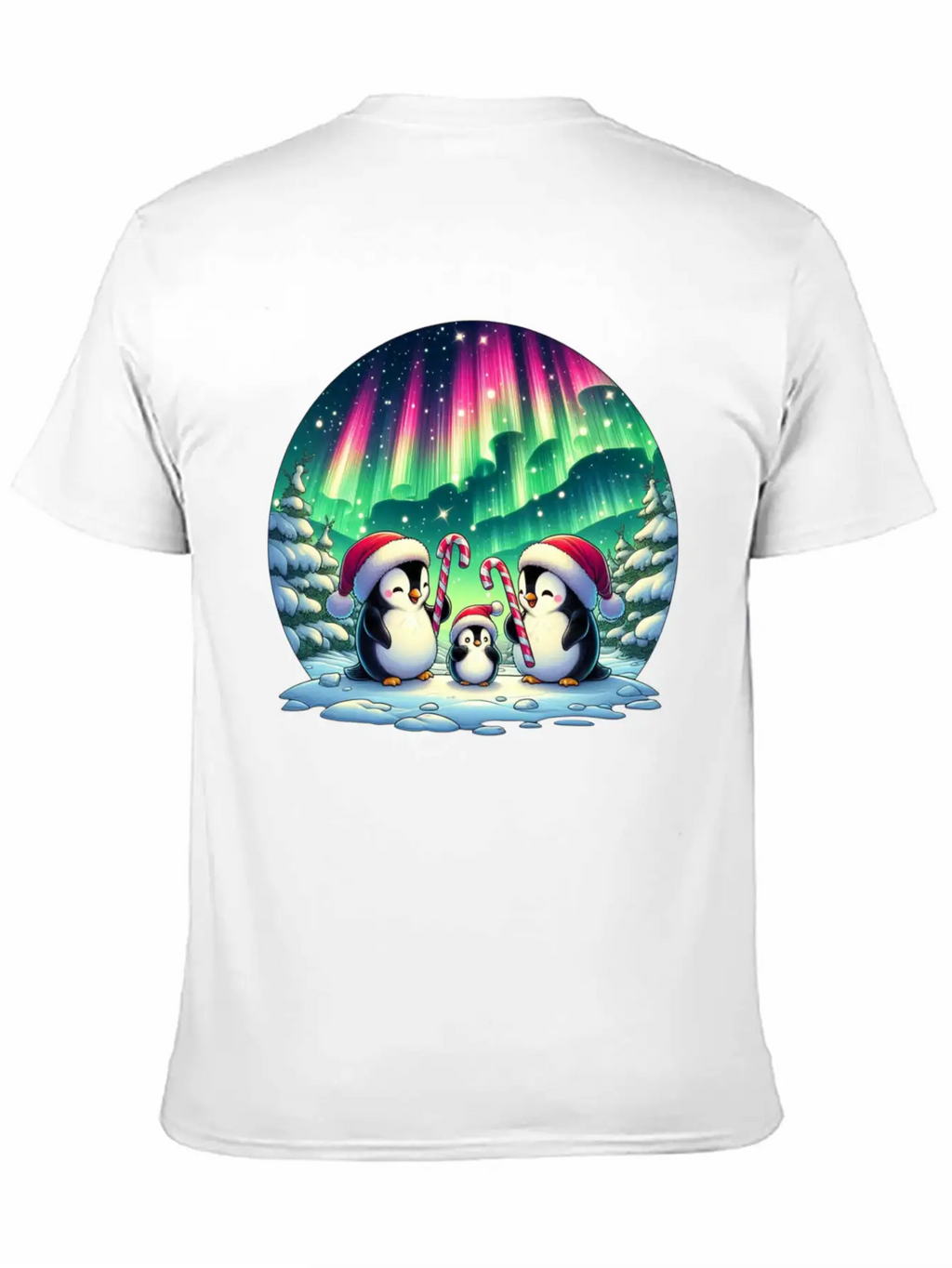 Penguin Family Christmas Under The Aurora Casual Graphic T-Shirt – Simple And Comfortable Daily Wear