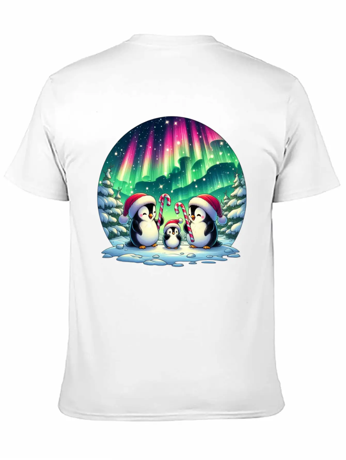 Penguin Family Christmas Under The Aurora Casual Graphic T-Shirt – Simple And Comfortable Daily Wear