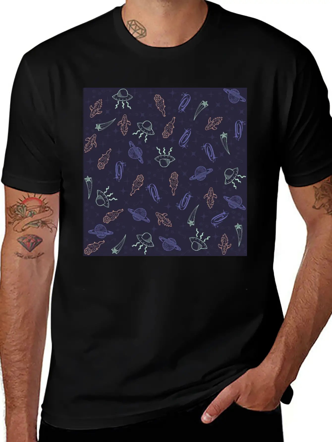 Periwinkle Nostalgic Space Pattern Doodle Classic Fit Graphic Tee For Daily Comfort – Unisex Cotton Shirt