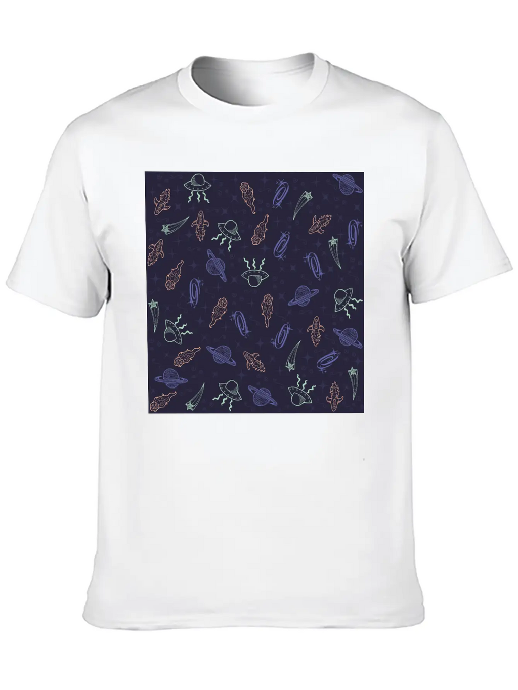 Periwinkle Nostalgic Space Pattern Doodle Classic Fit Graphic Tee For Daily Comfort – Unisex Cotton Shirt