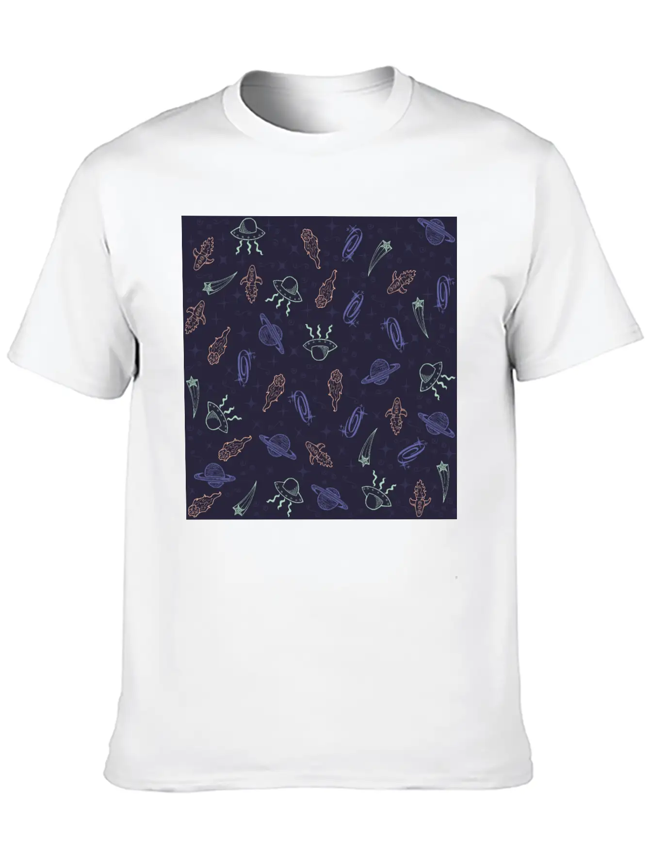 Periwinkle Nostalgic Space Pattern Doodle Classic Fit Graphic Tee For Daily Comfort – Unisex Cotton Shirt
