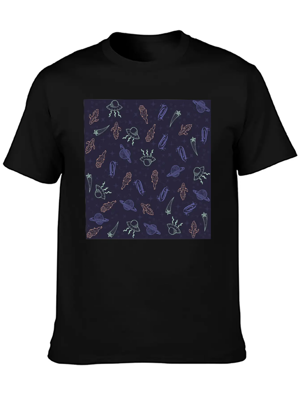 Periwinkle Nostalgic Space Pattern Doodle Classic Fit Graphic Tee For Daily Comfort – Unisex Cotton Shirt