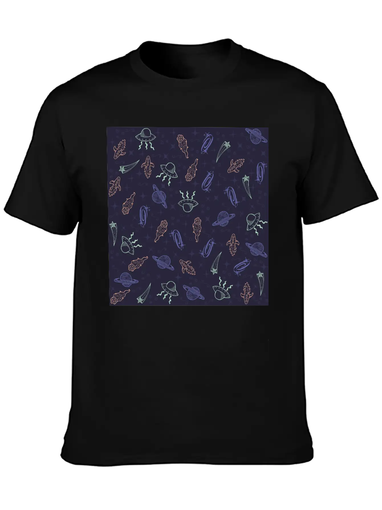 Periwinkle Nostalgic Space Pattern Doodle Classic Fit Graphic Tee For Daily Comfort – Unisex Cotton Shirt