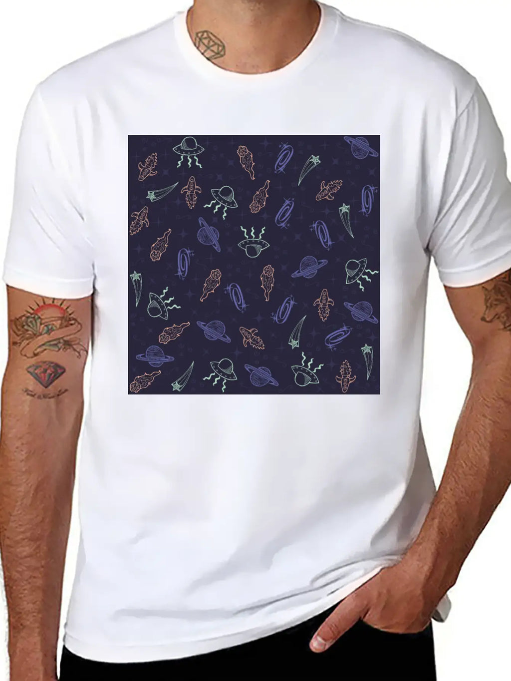 Periwinkle Nostalgic Space Pattern Doodle Classic Fit Graphic Tee For Daily Comfort – Unisex Cotton Shirt