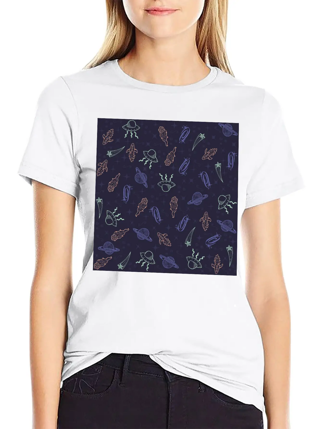Periwinkle Nostalgic Space Pattern Doodle Classic Fit Graphic Tee For Daily Comfort – Unisex Cotton Shirt