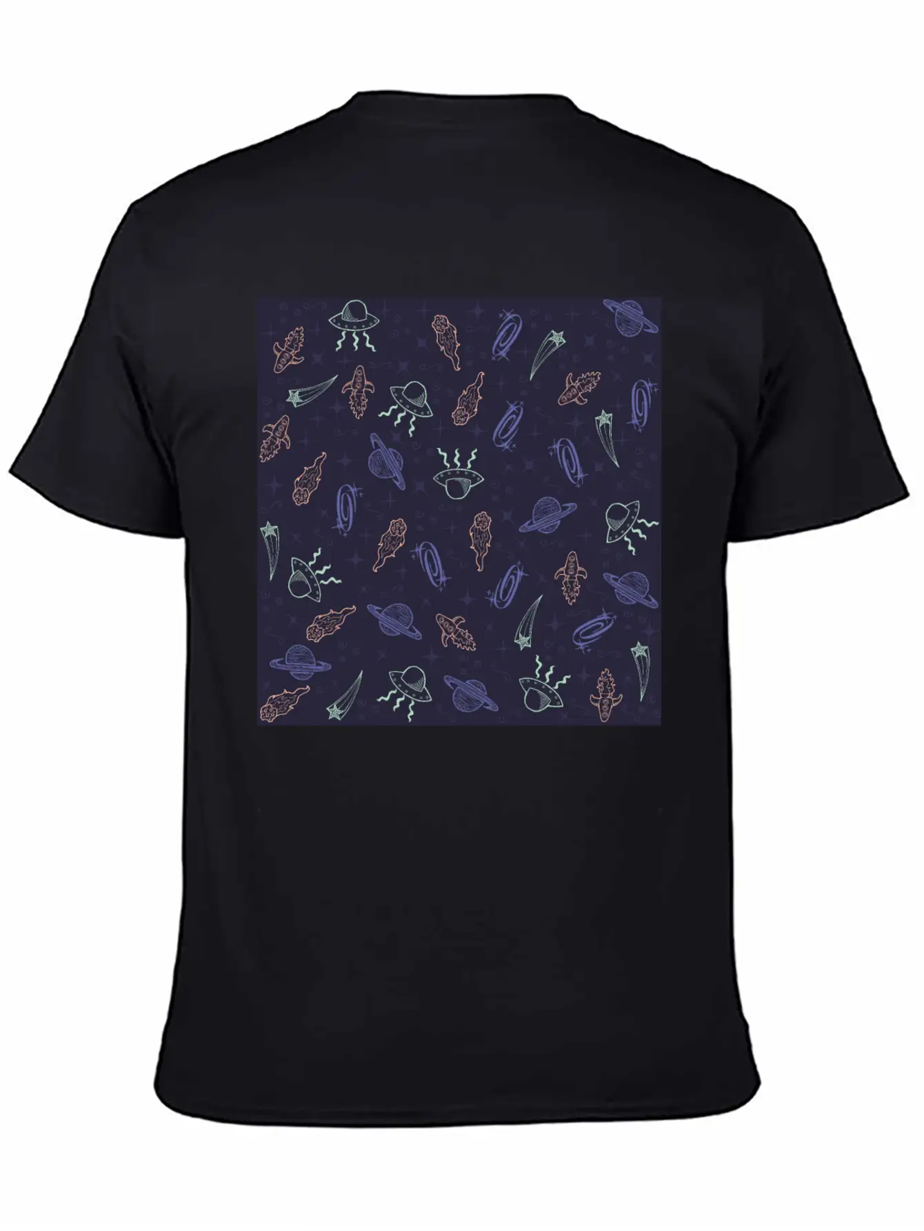 Periwinkle Nostalgic Space Pattern Doodle Classic Fit Graphic Tee For Daily Comfort – Unisex Cotton Shirt