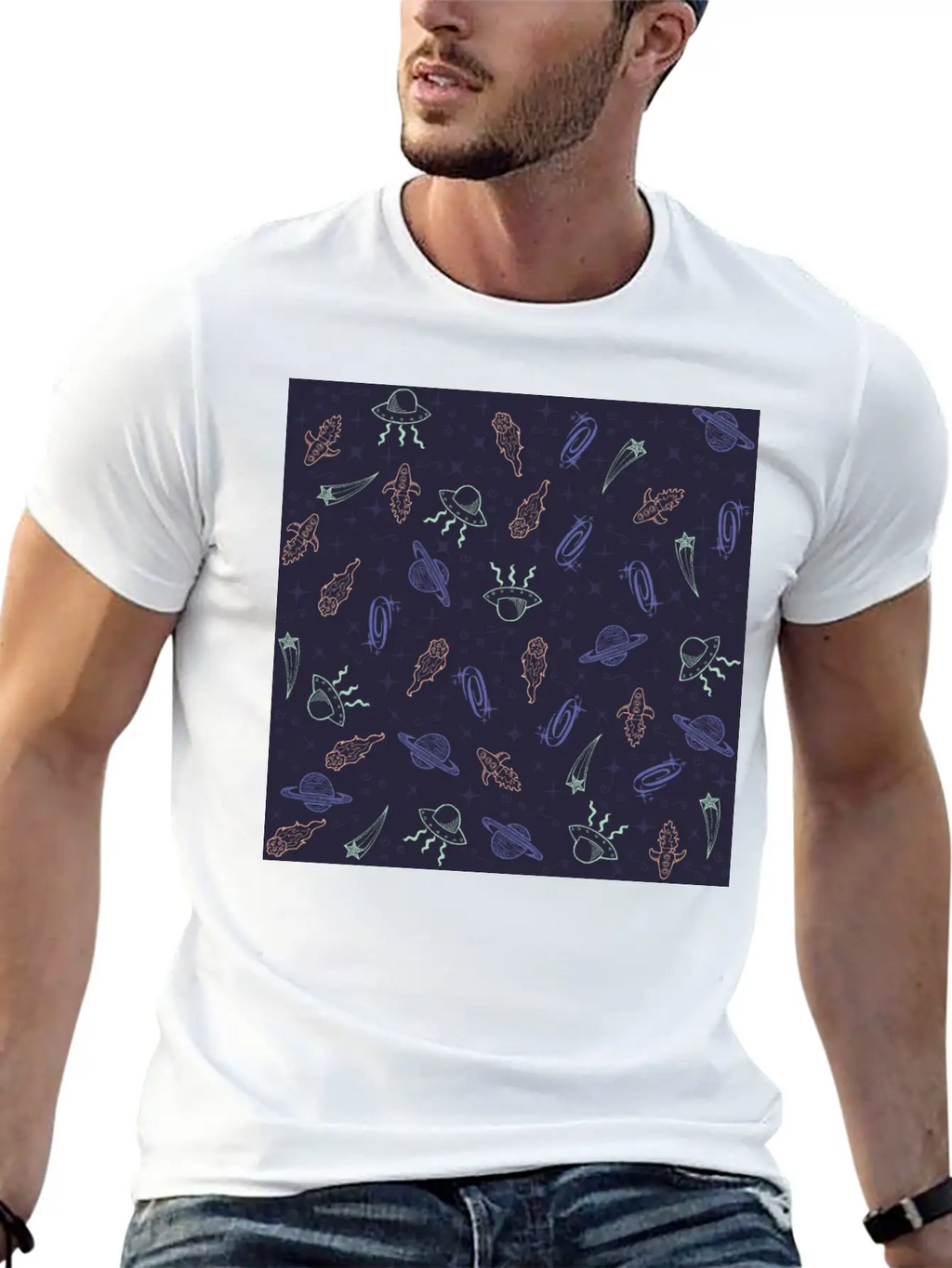 Periwinkle Nostalgic Space Pattern Doodle Classic Fit Graphic Tee For Daily Comfort – Unisex Cotton Shirt