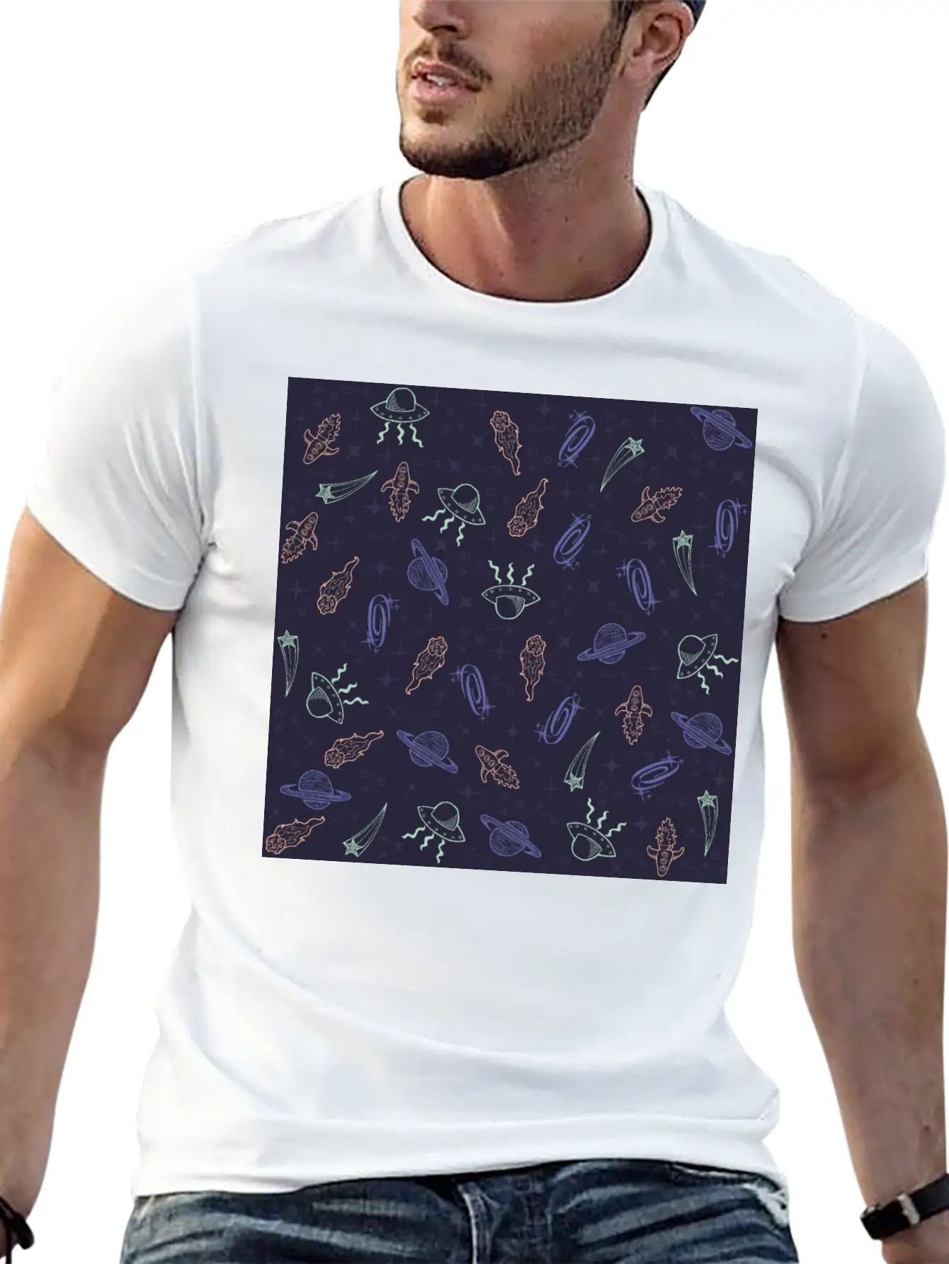 Periwinkle Nostalgic Space Pattern Doodle Classic Fit Graphic Tee For Daily Comfort – Unisex Cotton Shirt