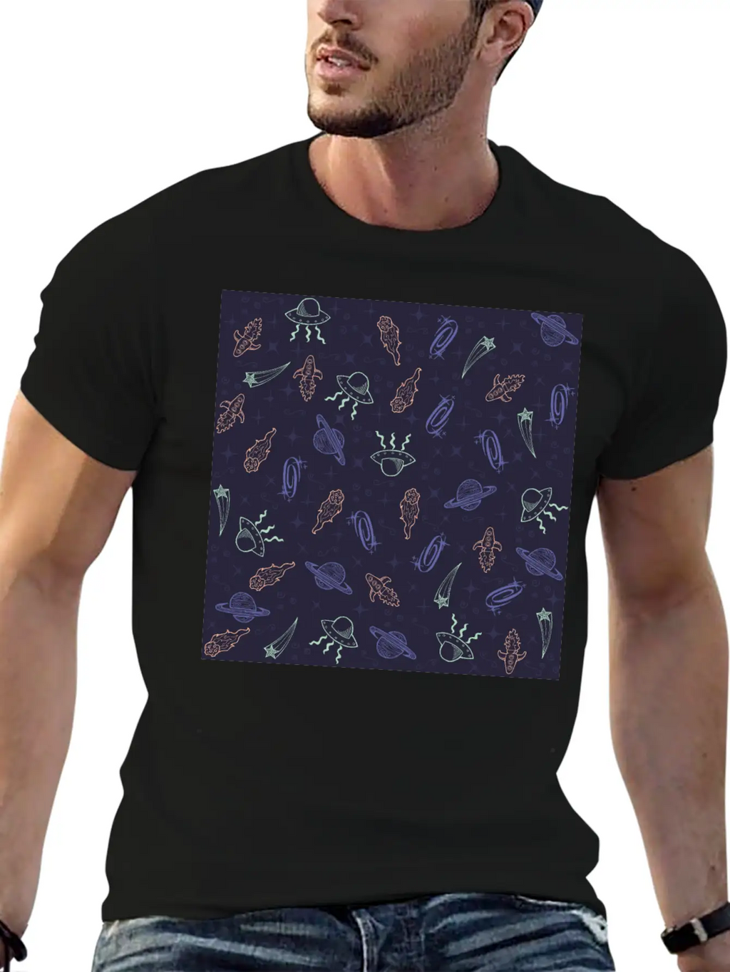 Periwinkle Nostalgic Space Pattern Doodle Classic Fit Graphic Tee For Daily Comfort – Unisex Cotton Shirt