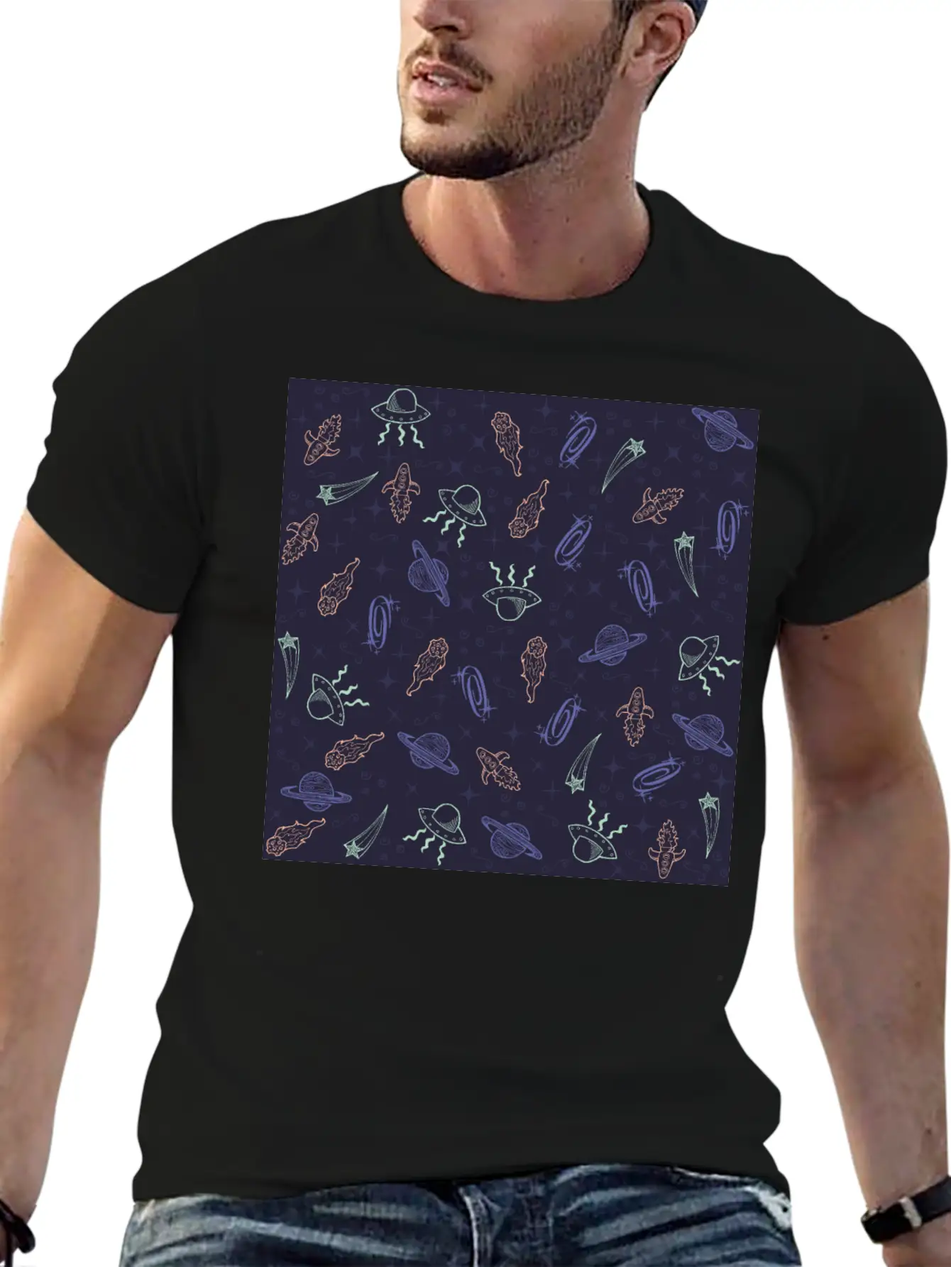 Periwinkle Nostalgic Space Pattern Doodle Classic Fit Graphic Tee For Daily Comfort – Unisex Cotton Shirt