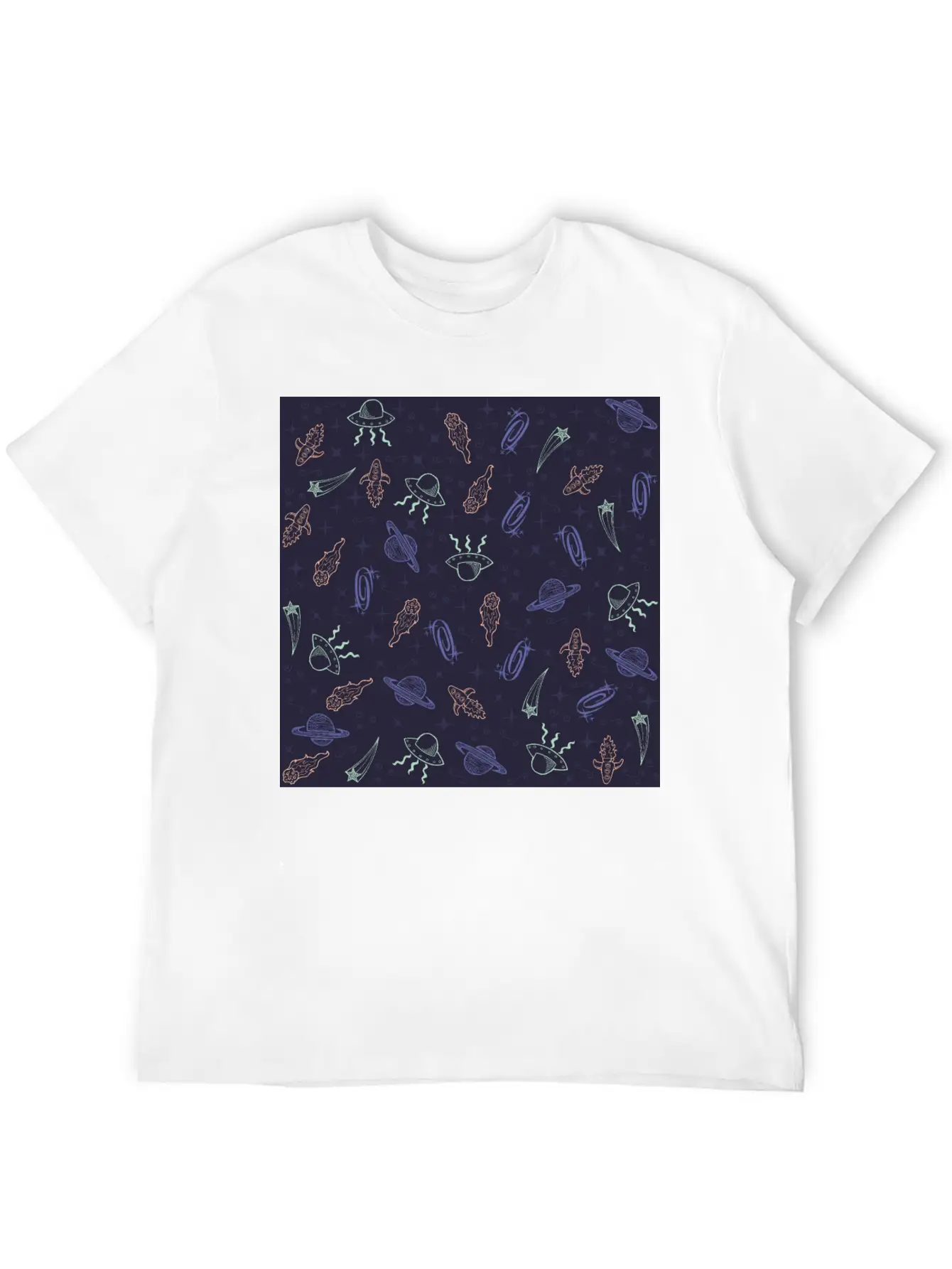 Periwinkle Nostalgic Space Pattern Doodle Classic Fit Graphic Tee For Daily Comfort – Unisex Cotton Shirt
