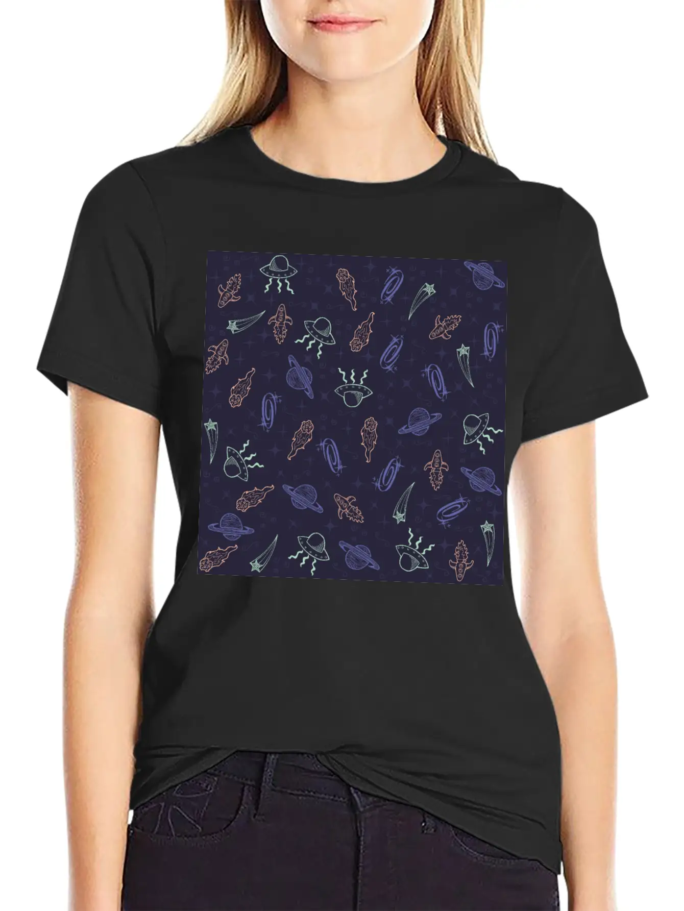 Periwinkle Nostalgic Space Pattern Doodle Classic Fit Graphic Tee For Daily Comfort – Unisex Cotton Shirt