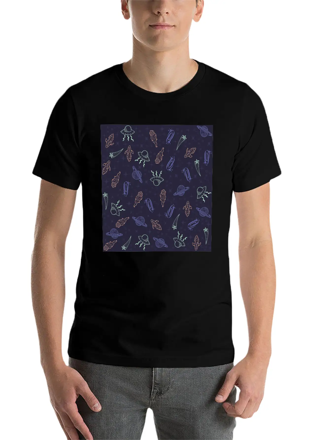 Periwinkle Nostalgic Space Pattern Doodle Classic Fit Graphic Tee For Daily Comfort – Unisex Cotton Shirt