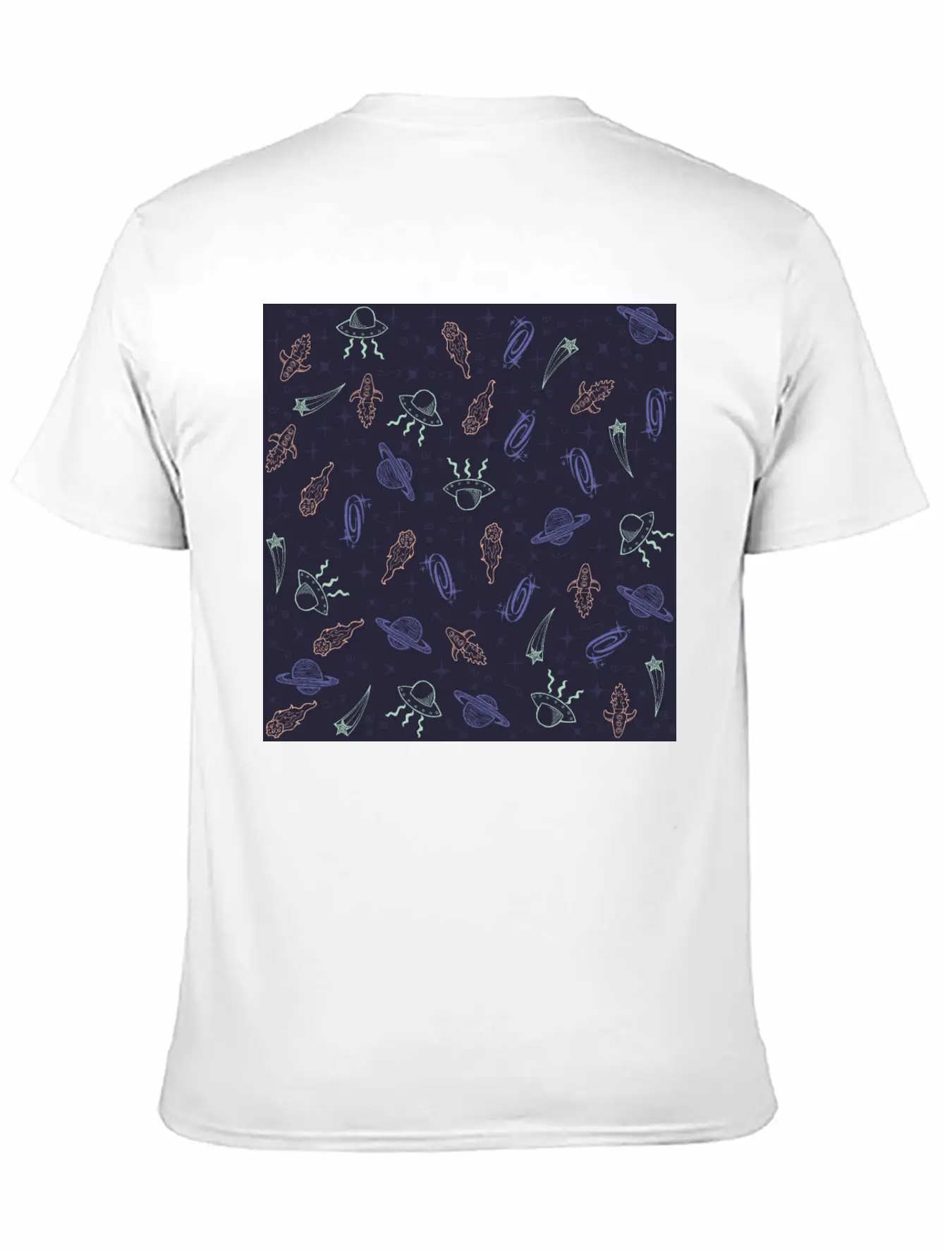 Periwinkle Nostalgic Space Pattern Doodle Classic Fit Graphic Tee For Daily Comfort – Unisex Cotton Shirt