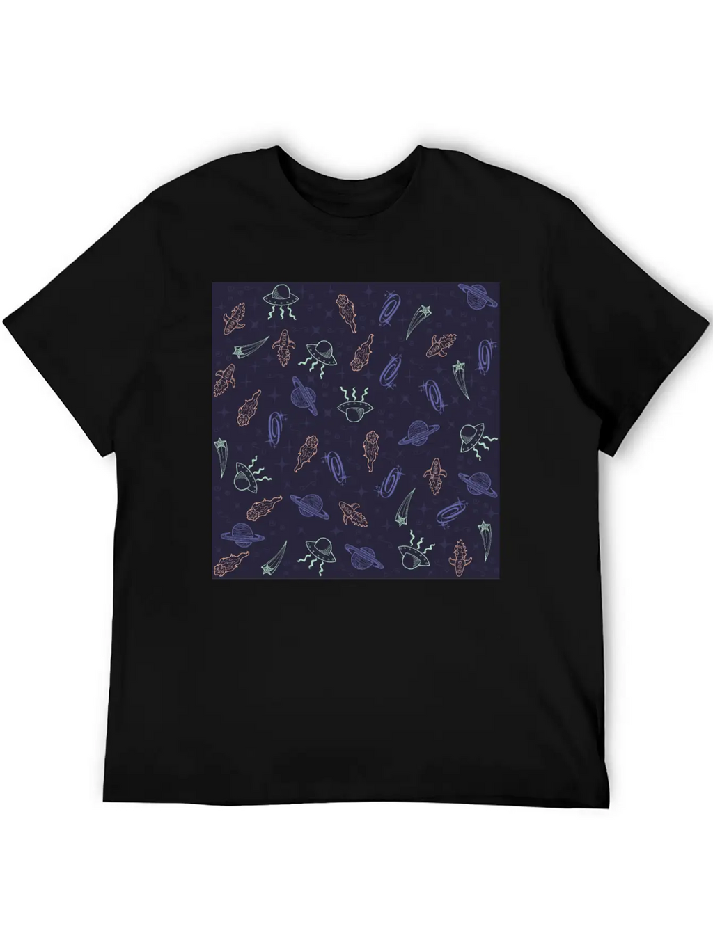 Periwinkle Nostalgic Space Pattern Doodle Classic Fit Graphic Tee For Daily Comfort – Unisex Cotton Shirt