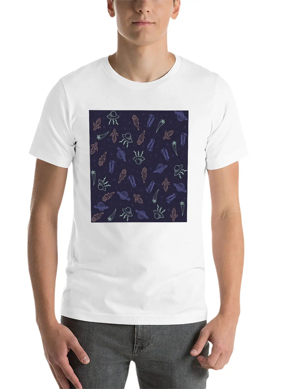 Periwinkle Nostalgic Space Pattern Doodle Classic Fit Graphic Tee For Daily Comfort – Unisex Cotton Shirt