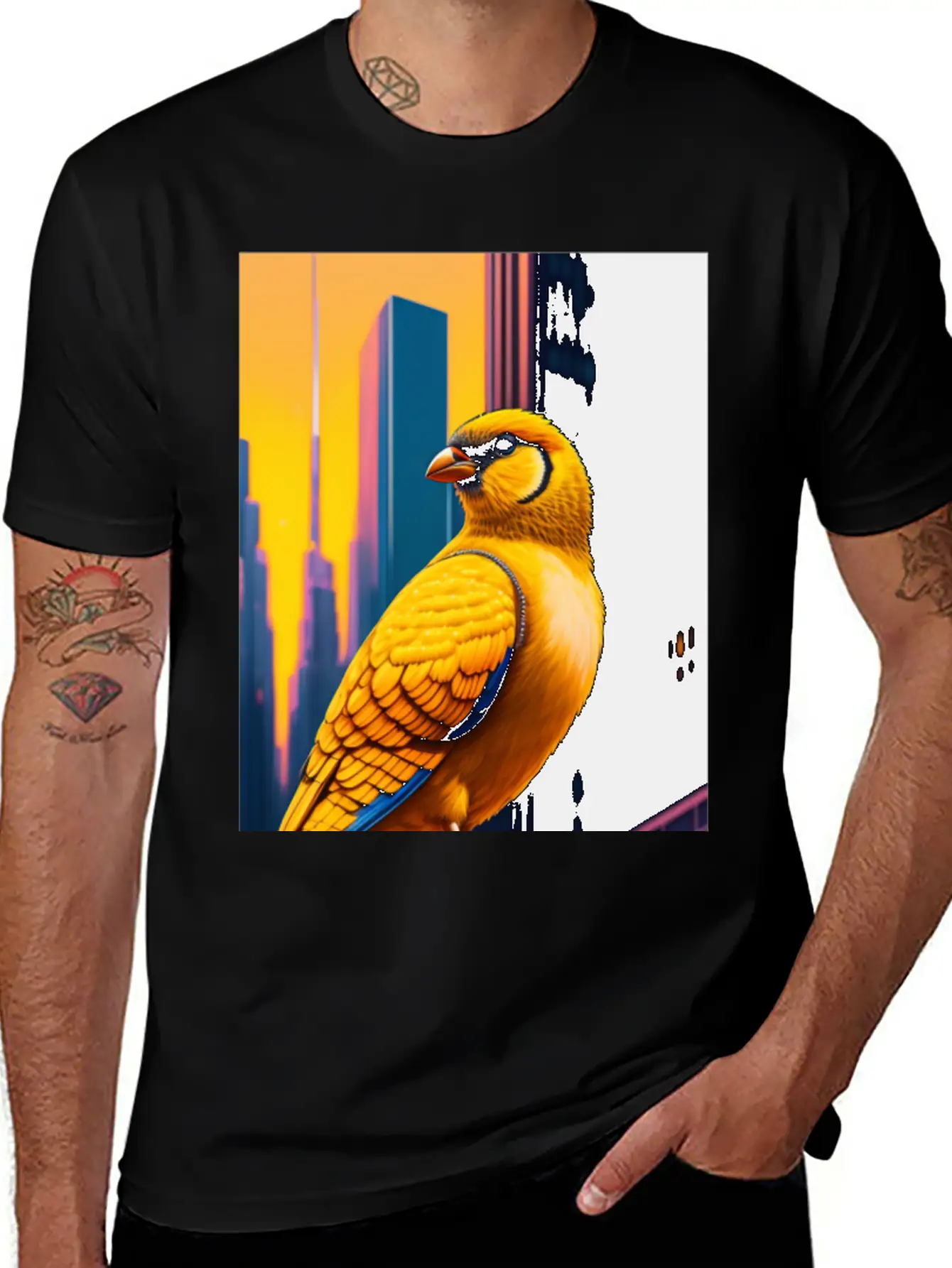 Photo Of Of A Huge Gold Finch Bird In A Fusion Cit Classic Fit Graphic Tee For Daily Comfort – Unisex Cotton Shirt