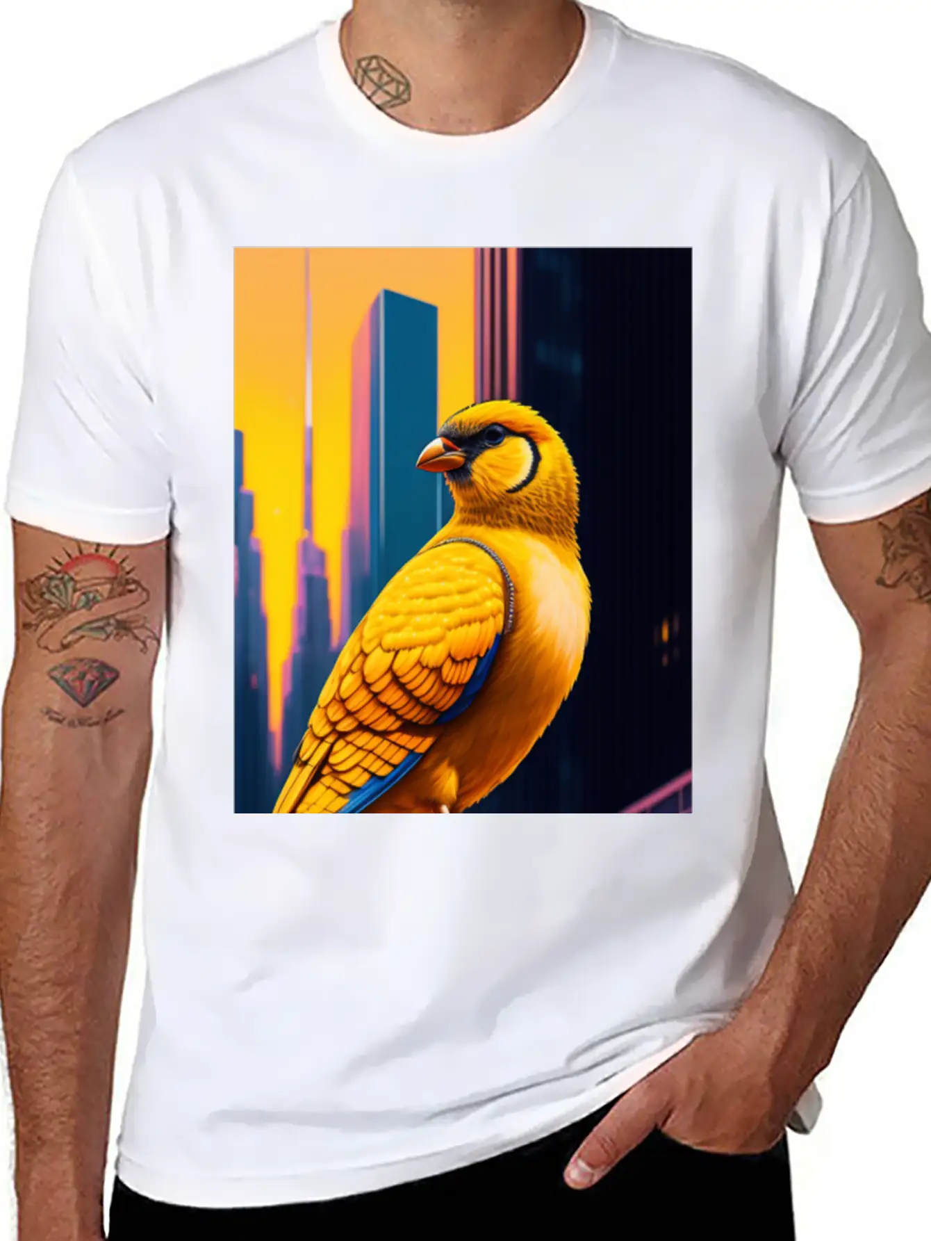 Photo Of Of A Huge Gold Finch Bird In A Fusion Cit Classic Fit Graphic Tee For Daily Comfort – Unisex Cotton Shirt