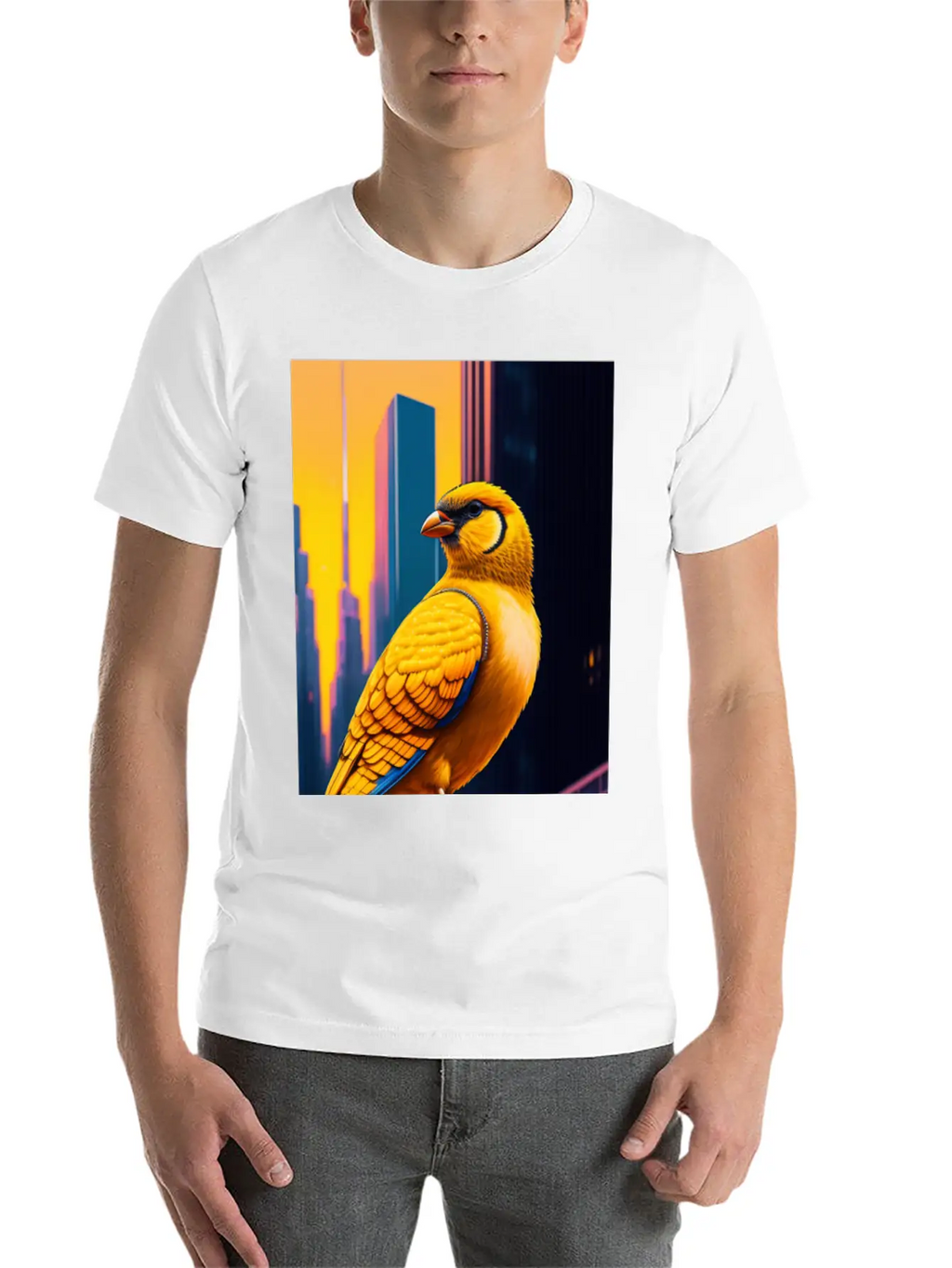 Photo Of Of A Huge Gold Finch Bird In A Fusion Cit Classic Fit Graphic Tee For Daily Comfort – Unisex Cotton Shirt
