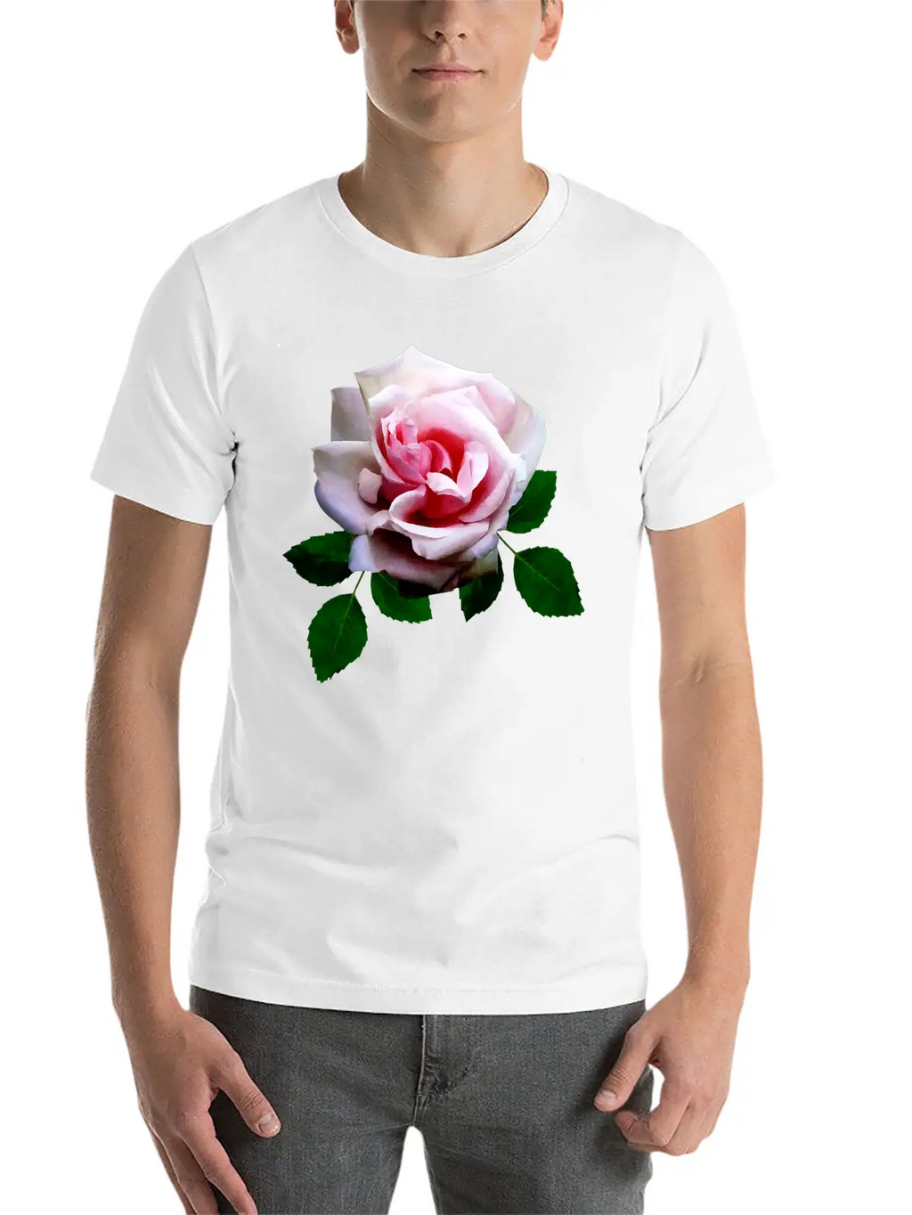 Pink Rose With Leaves Unisex Casual T-Shirt – Clean Design For Daily Comfort