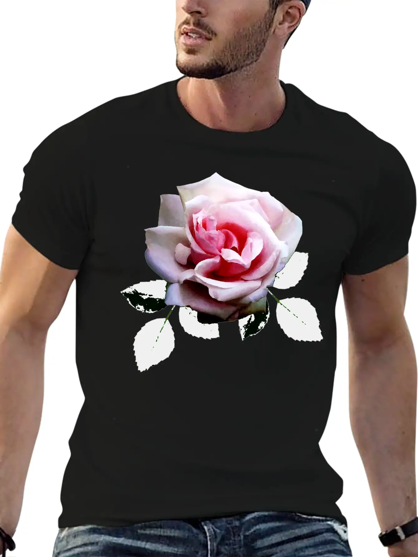 Pink Rose With Leaves Unisex Casual T-Shirt – Clean Design For Daily Comfort