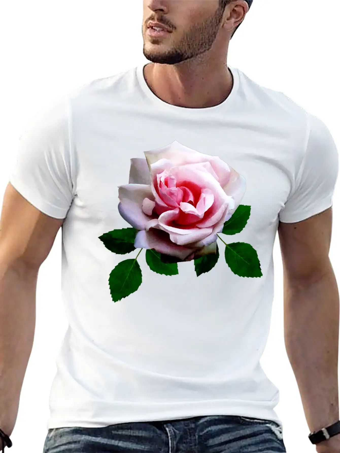 Pink Rose With Leaves Unisex Casual T-Shirt – Clean Design For Daily Comfort
