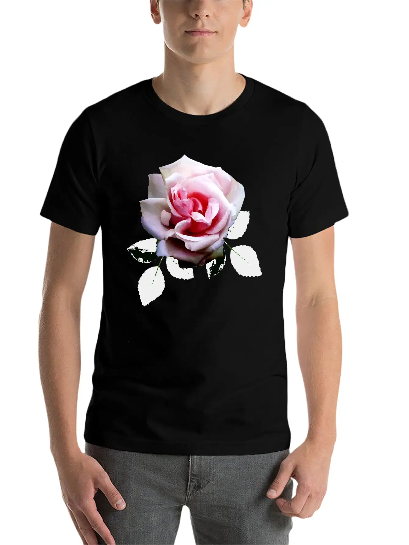 Pink Rose With Leaves Unisex Casual T-Shirt – Clean Design For Daily Comfort
