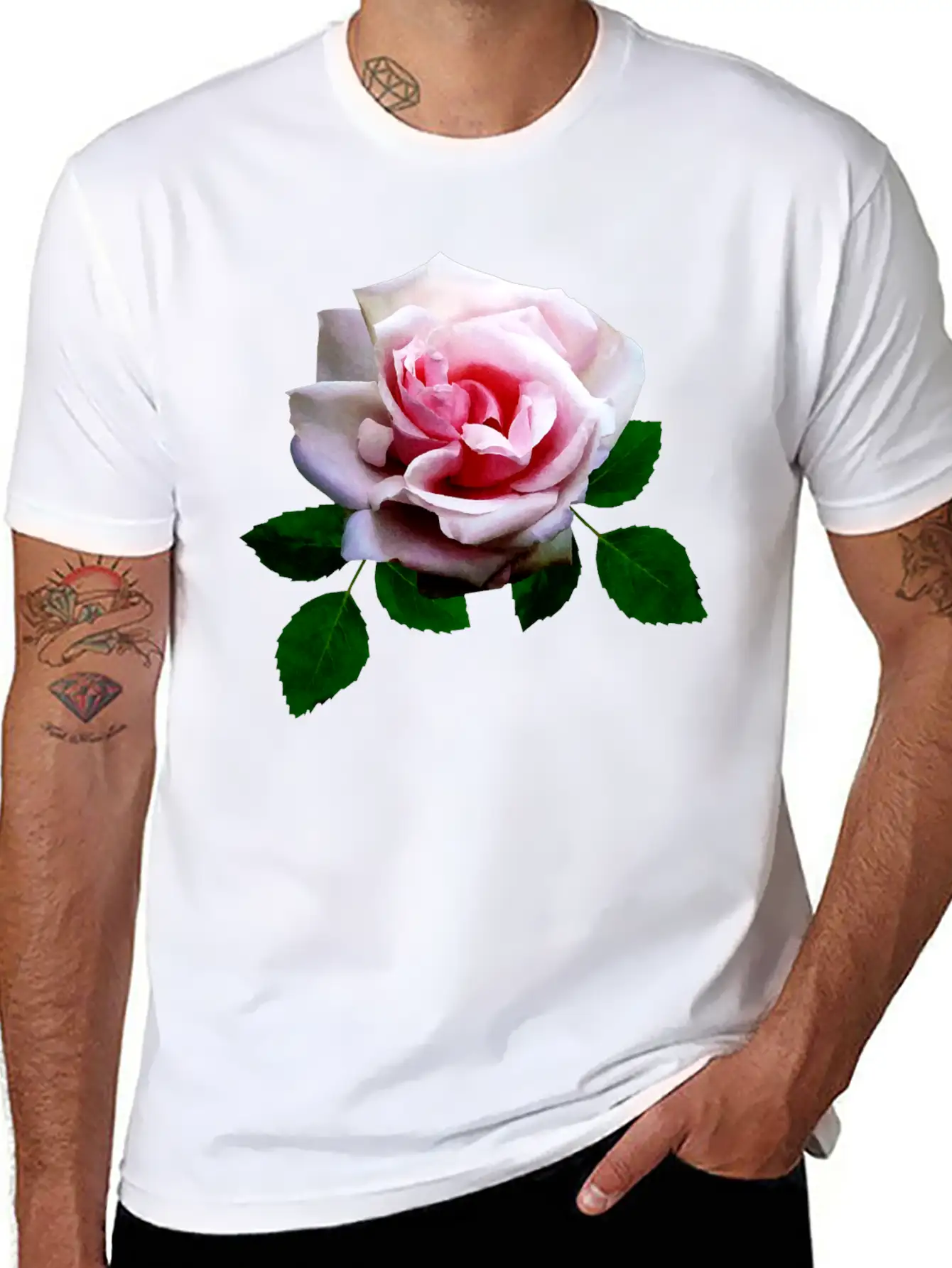 Pink Rose With Leaves Unisex Casual T-Shirt – Clean Design For Daily Comfort