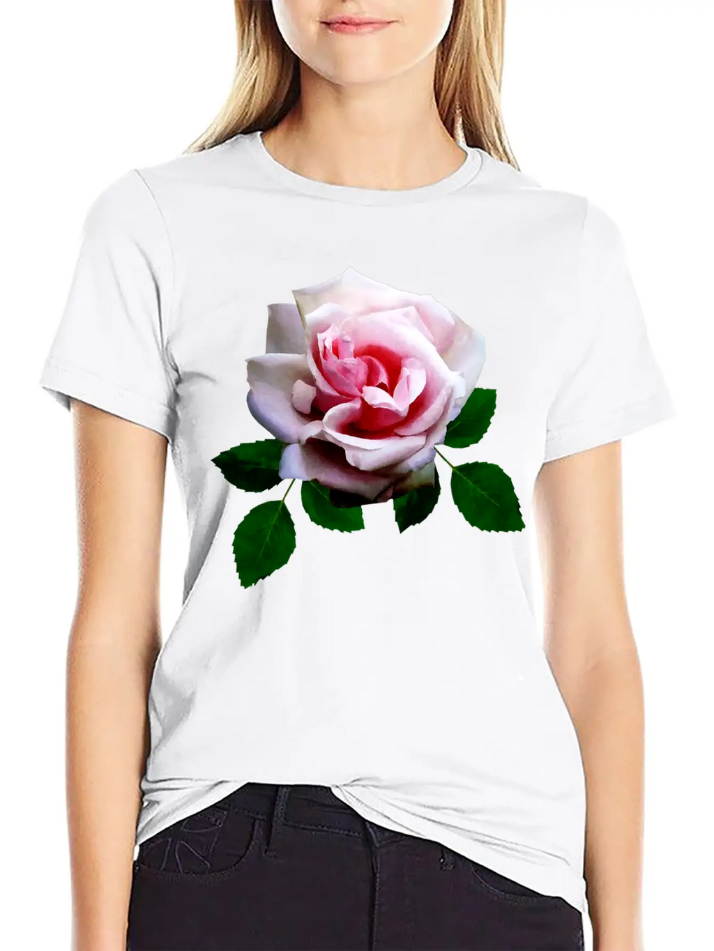 Pink Rose With Leaves Unisex Casual T-Shirt – Clean Design For Daily Comfort