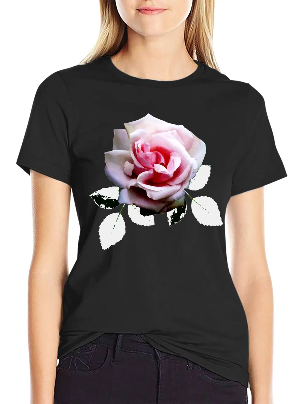 Pink Rose With Leaves Unisex Casual T-Shirt – Clean Design For Daily Comfort