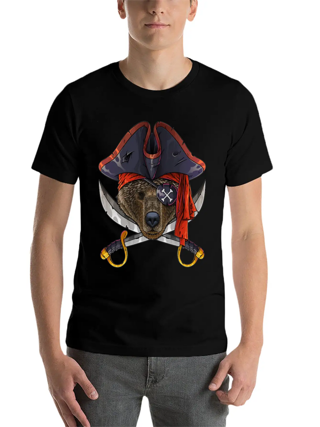 Pirate Bear Jolly Roger Halloween Costume Crossbon Unisex Short Sleeve Soft Cotton T-Shirt – Casual Everyday Wear