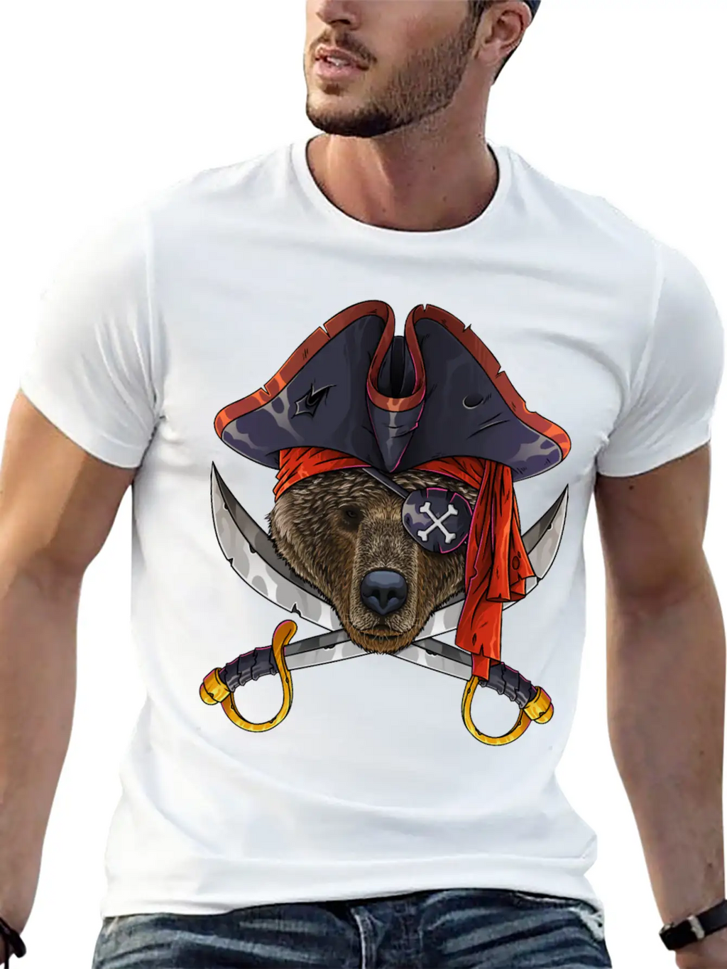 Pirate Bear Jolly Roger Halloween Costume Crossbon Unisex Short Sleeve Soft Cotton T-Shirt – Casual Everyday Wear