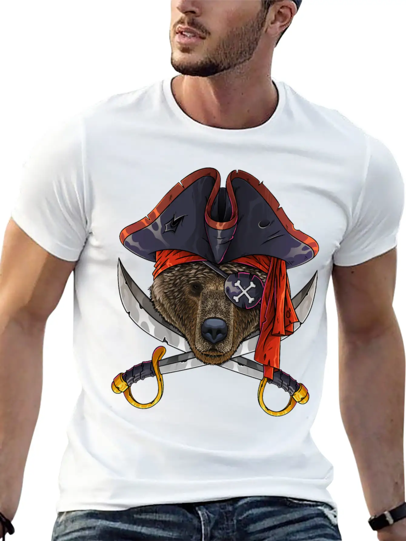 Pirate Bear Jolly Roger Halloween Costume Crossbon Unisex Short Sleeve Soft Cotton T-Shirt – Casual Everyday Wear