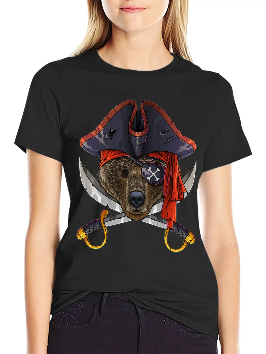 Pirate Bear Jolly Roger Halloween Costume Crossbon Unisex Short Sleeve Soft Cotton T-Shirt – Casual Everyday Wear