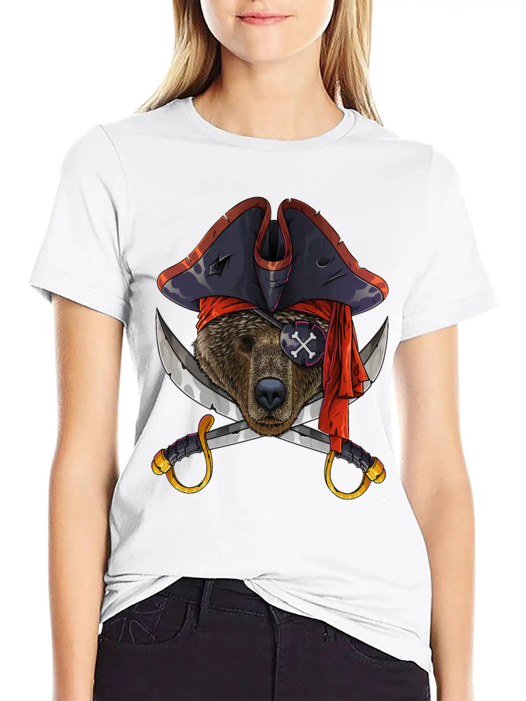 Pirate Bear Jolly Roger Halloween Costume Crossbon Unisex Short Sleeve Soft Cotton T-Shirt – Casual Everyday Wear