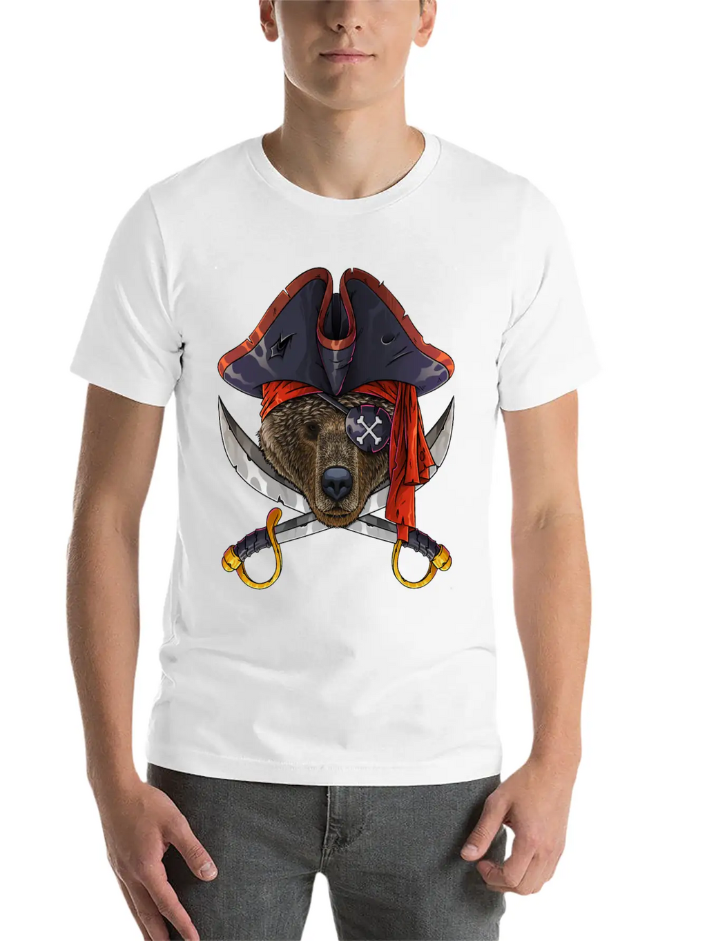 Pirate Bear Jolly Roger Halloween Costume Crossbon Unisex Short Sleeve Soft Cotton T-Shirt – Casual Everyday Wear