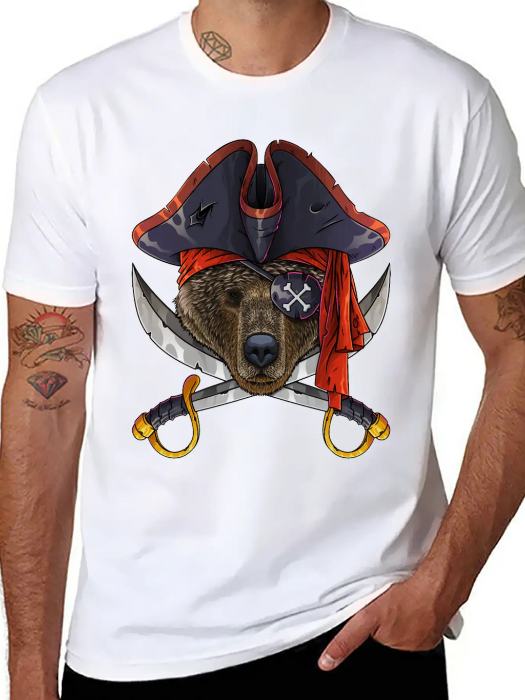 Pirate Bear Jolly Roger Halloween Costume Crossbon Unisex Short Sleeve Soft Cotton T-Shirt – Casual Everyday Wear