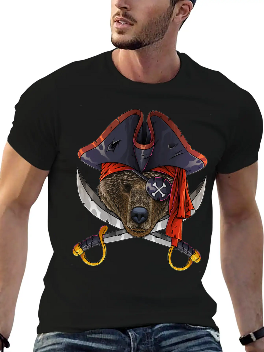Pirate Bear Jolly Roger Halloween Costume Crossbon Unisex Short Sleeve Soft Cotton T-Shirt – Casual Everyday Wear