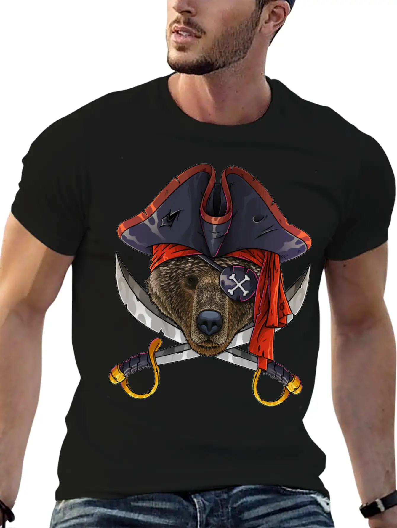Pirate Bear Jolly Roger Halloween Costume Crossbon Unisex Short Sleeve Soft Cotton T-Shirt – Casual Everyday Wear